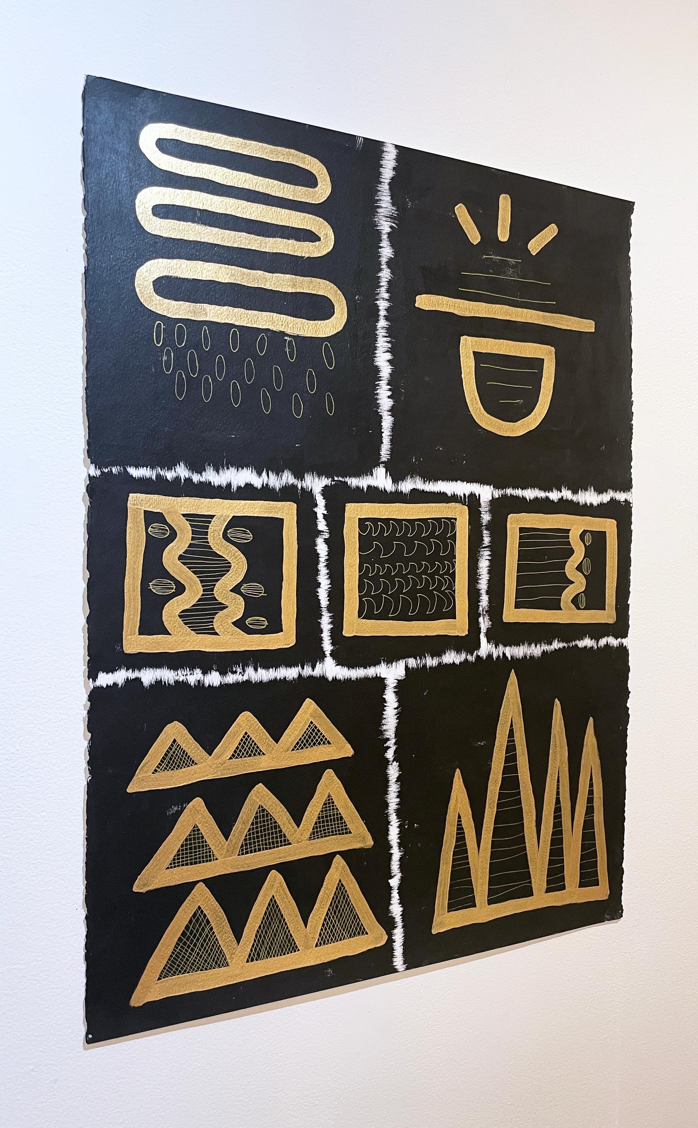 Black & Gold Glyphs III by Cheryl R. Riley, metallic abstract geometric symbols For Sale 1