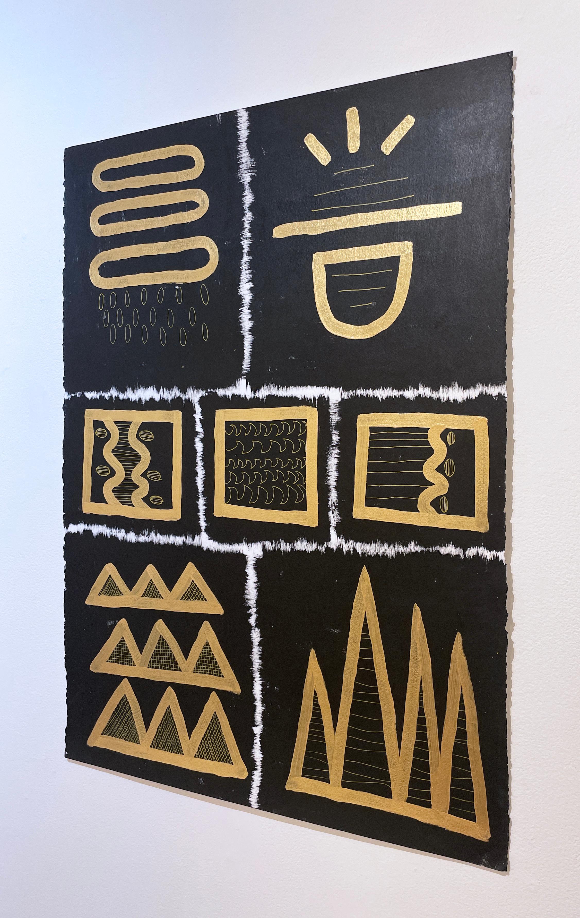 Black & Gold Glyphs III by Cheryl R. Riley, metallic abstract geometric symbols For Sale 2