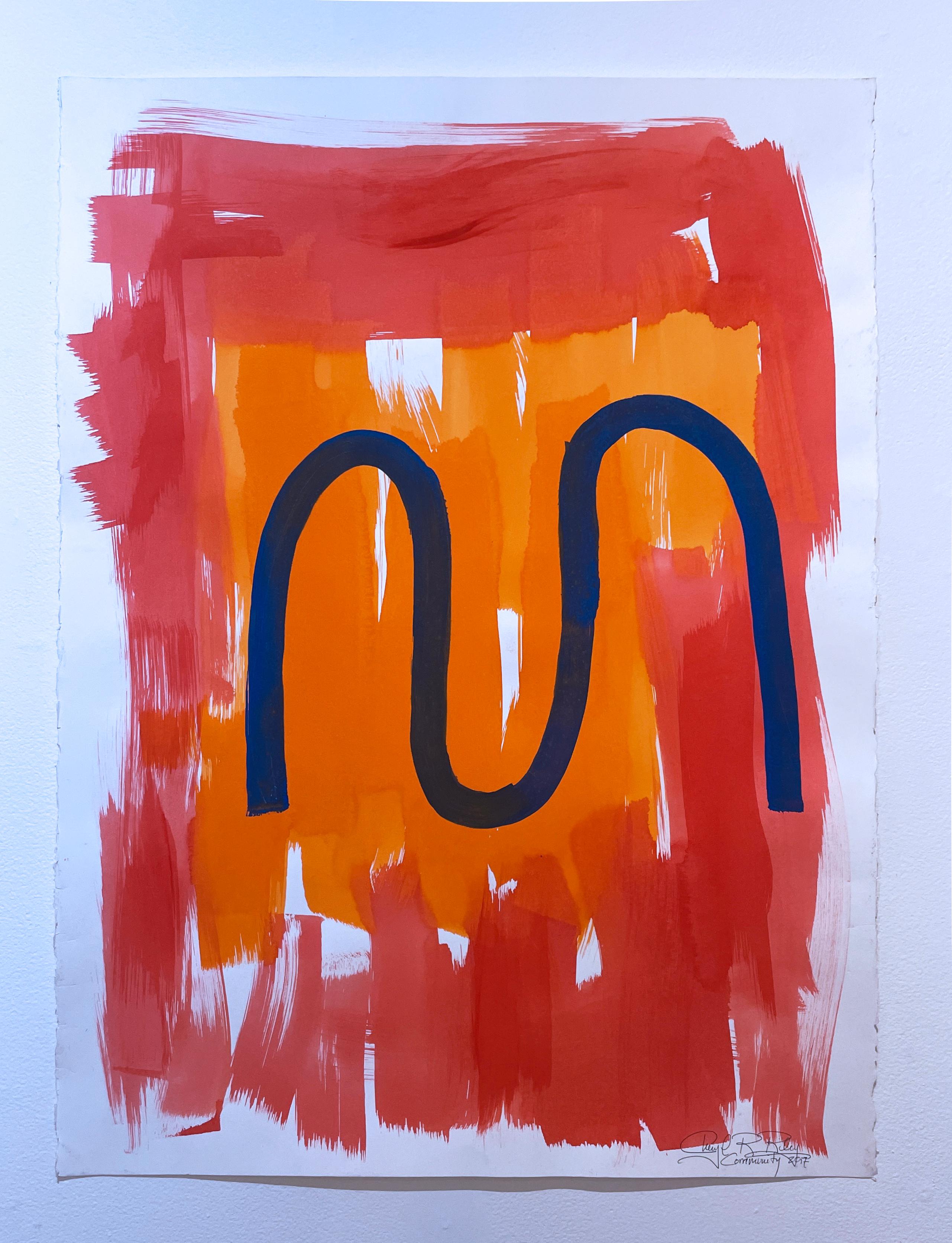 Community by Cheryl R. Riley, bright red & orange abstract geometric symbols 1