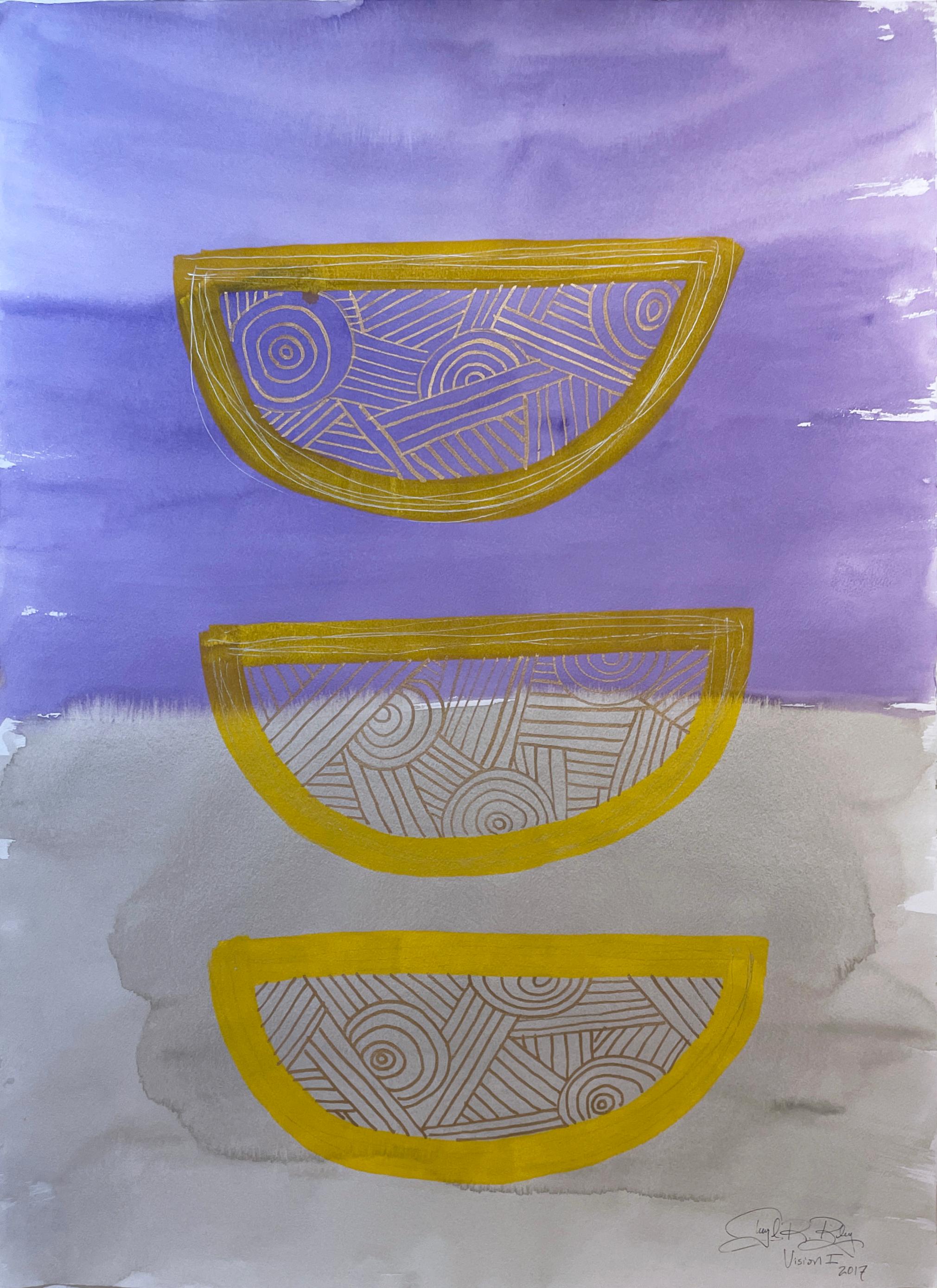 Vision I by Cheryl R. Riley, purple, gray, gold abstract geometric symbols