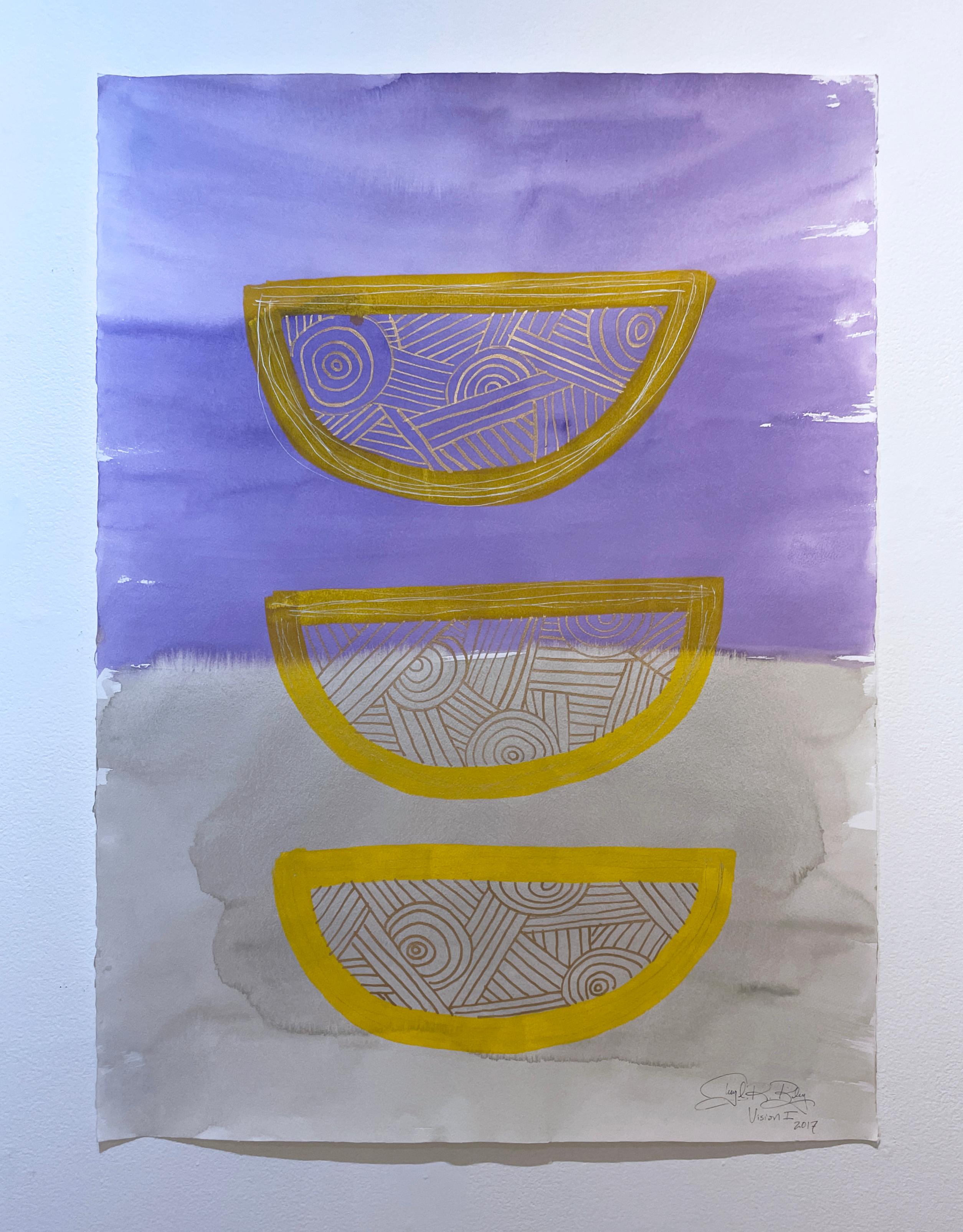 Vision I de Cheryl R. Riley, symboles géométriques abstraits violets, gris et or en vente 1