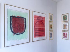 Dreaming Dreams by Cheryl R. Riley, mint green & red abstract geometric symbols