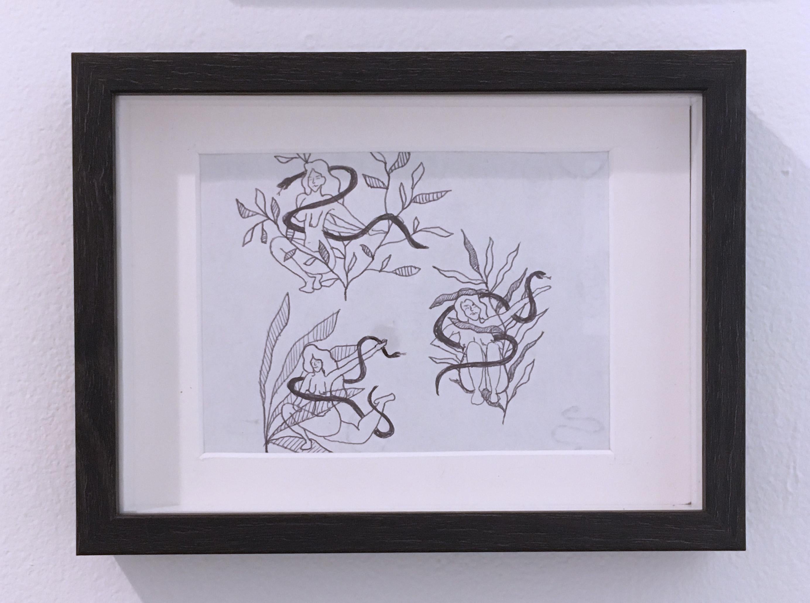 Encre noire Nus à l'encre II, dessin à l'encre sur papier, noir et blanc, plantes de serpent femme