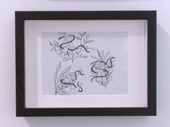 Black Ink Nudes II, Ink on Paper Drawing, Black & White, Woman Snake Plants