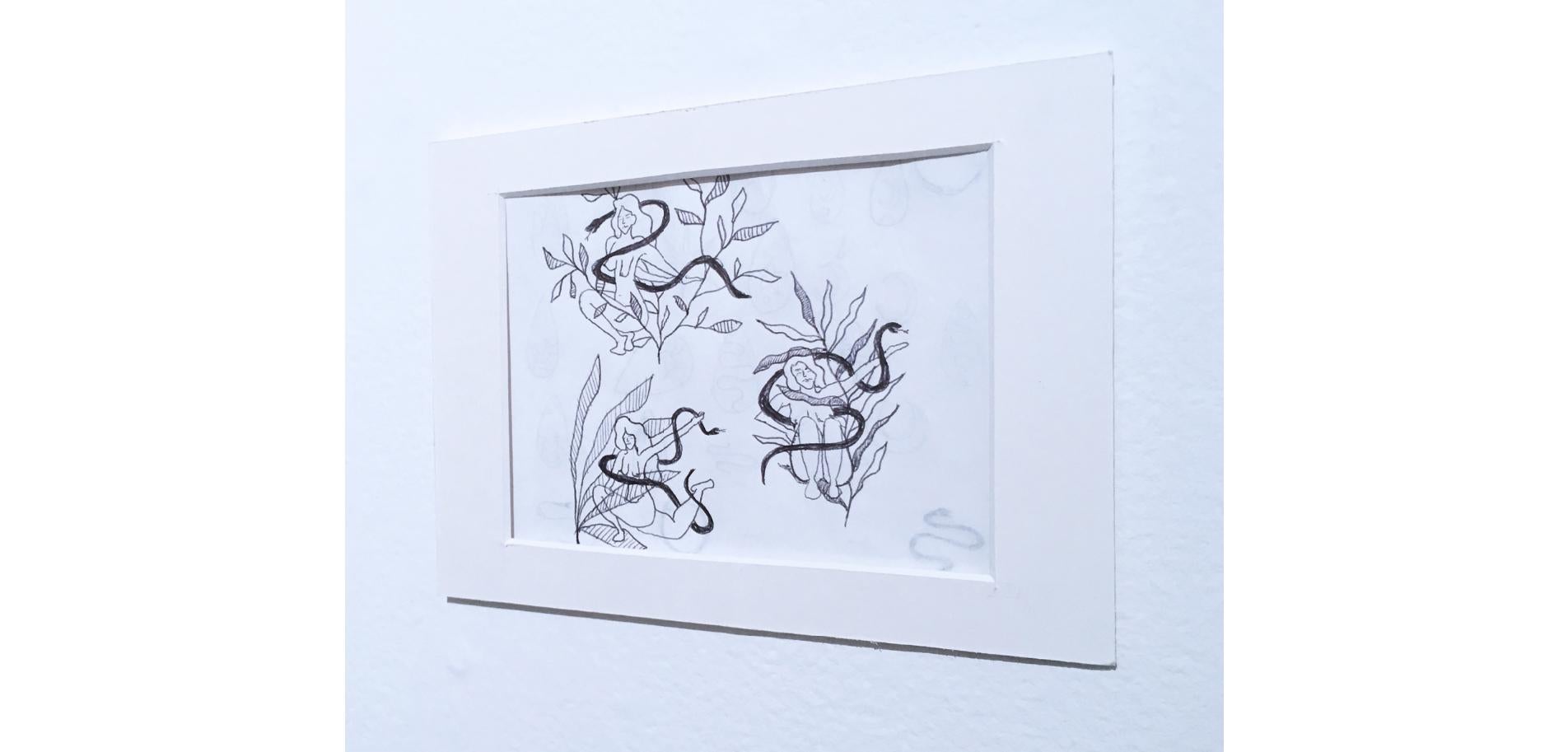 Desnudos Tinta Negra II, Dibujo Tinta sobre Papel, Blanco y Negro, Mujer Serpiente Plantas en venta 1