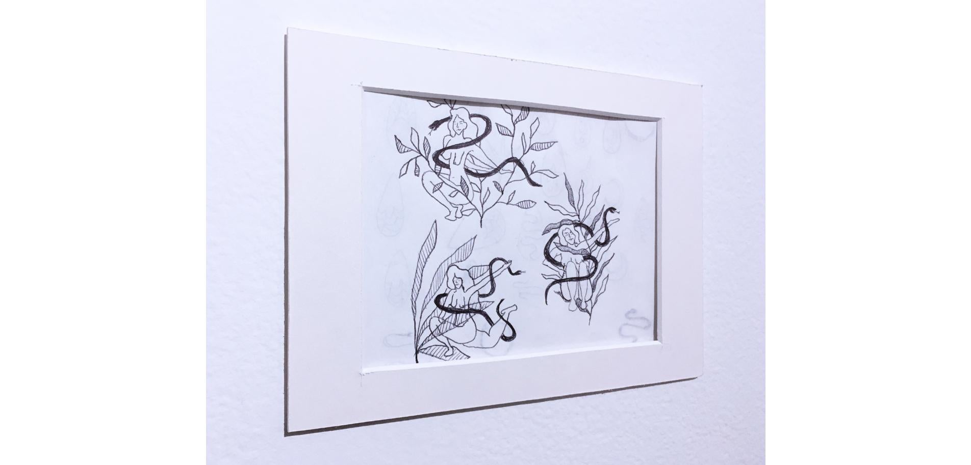 Black Ink Nudes II, Ink on Paper Drawing, Black & White, Woman Snake Plants For Sale 3