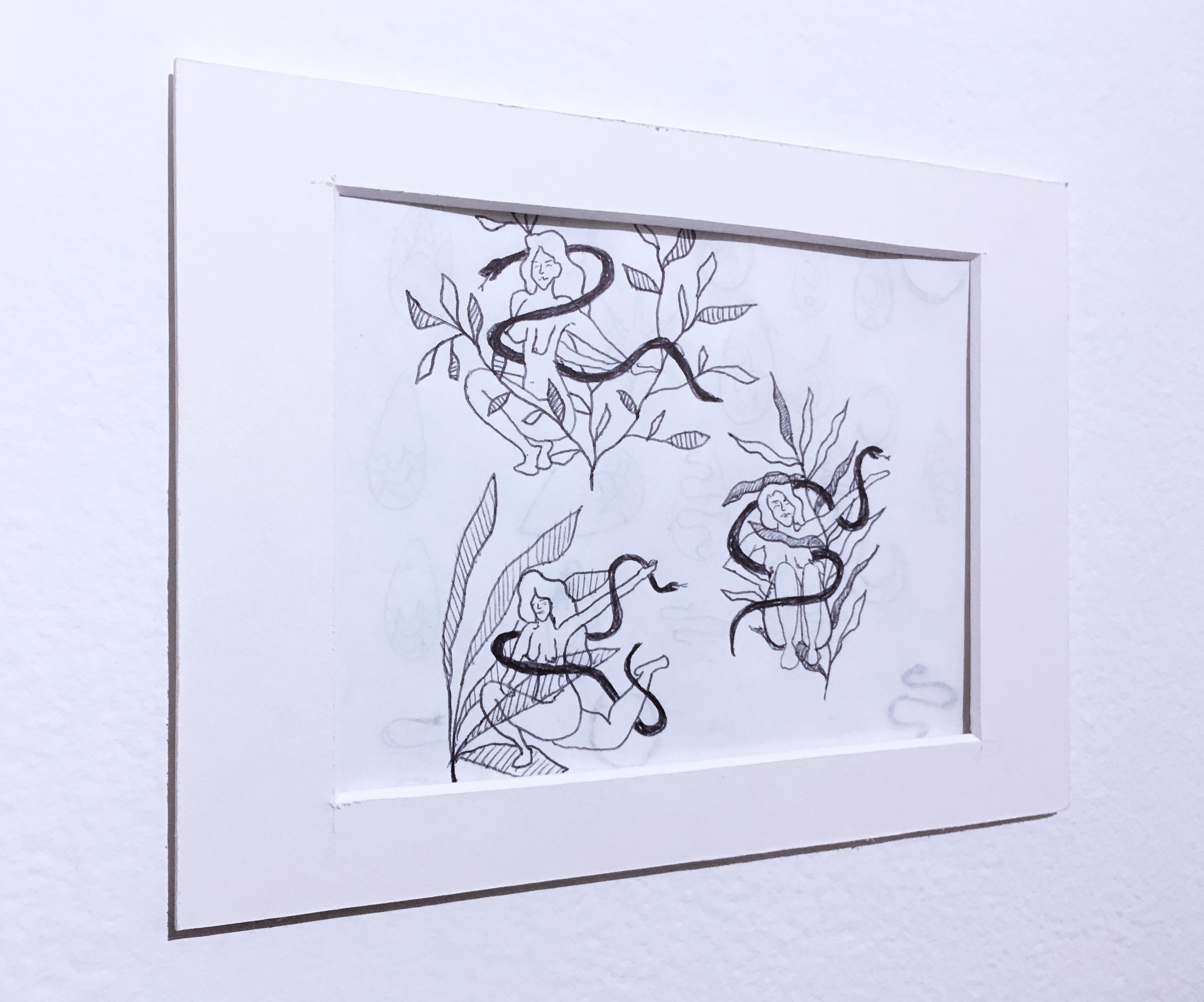 Black Ink Nudes II, Ink on Paper Drawing, Black & White, Woman Snake Plants For Sale 7