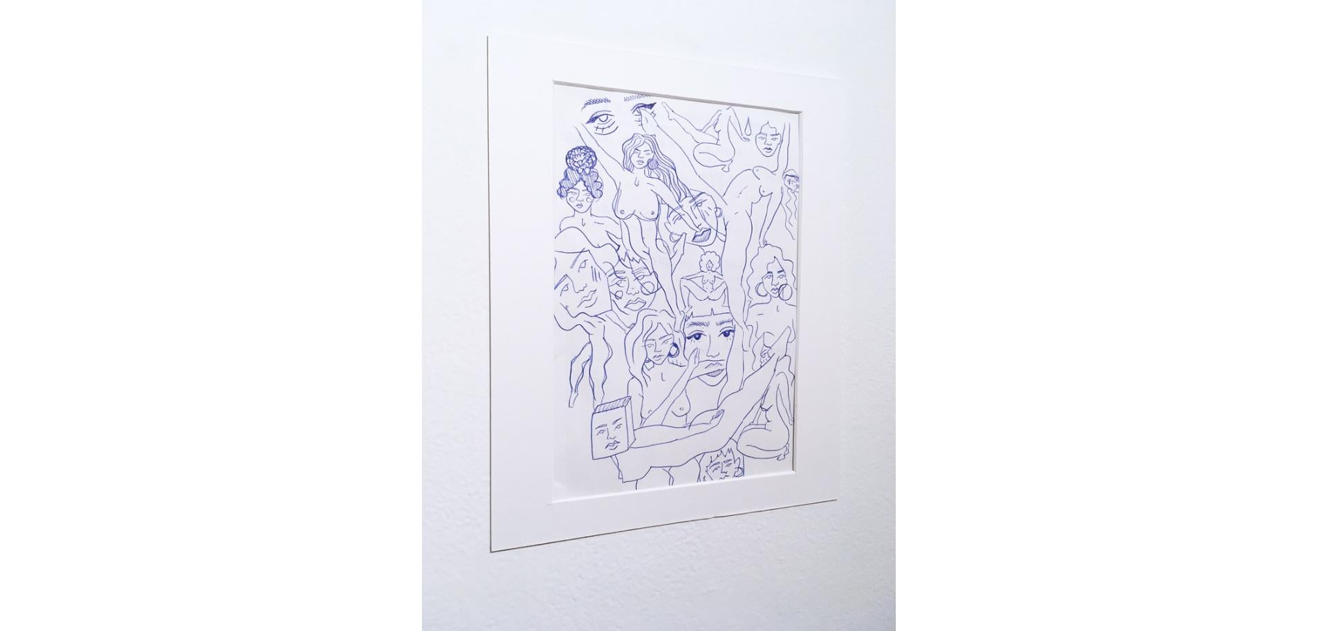 Desnudos Azules IV, Tinta sobre Papel Dibujo, Azul y Blanco, Estudio Figurativo Mujeres, Rostros en venta 4