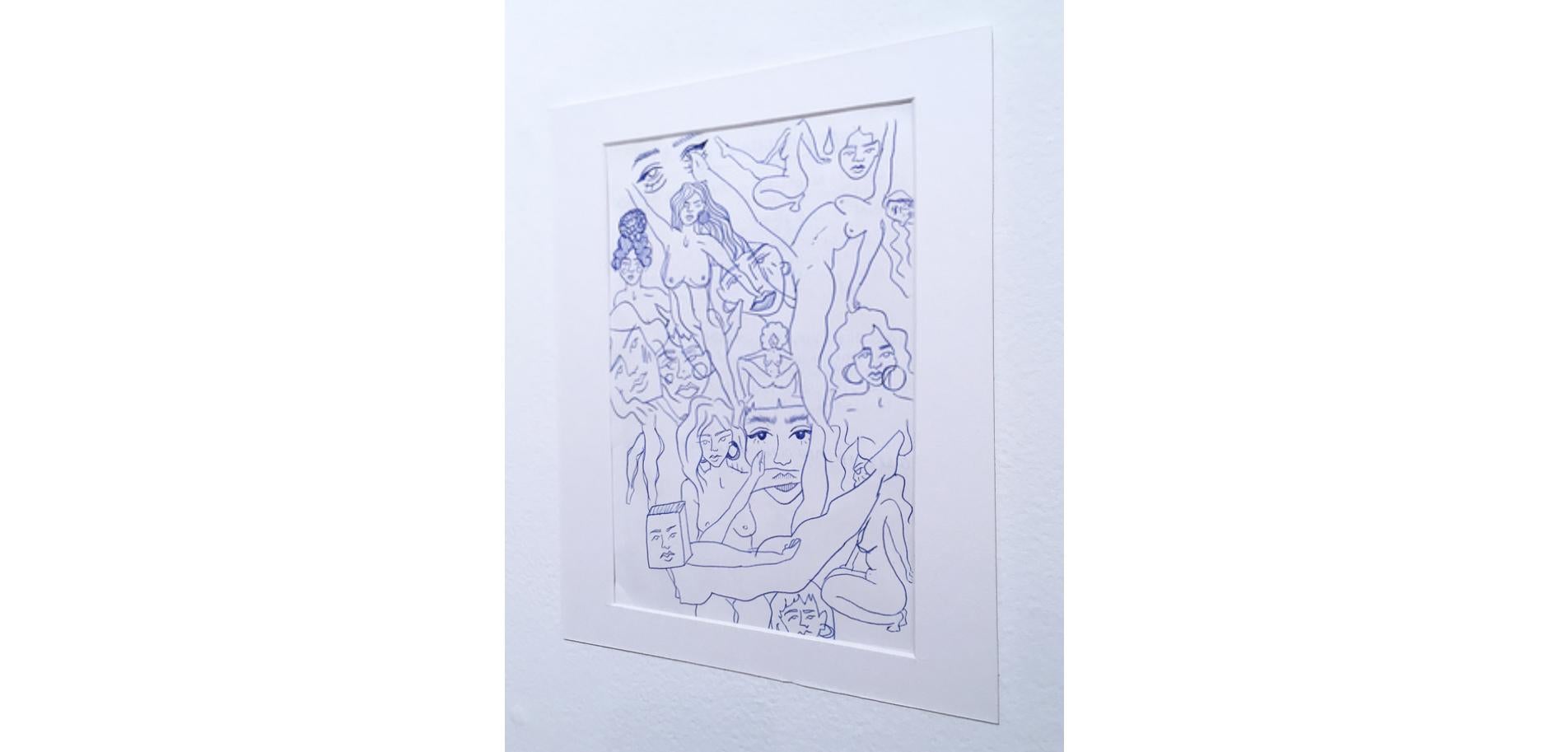 Desnudos Azules IV, Tinta sobre Papel Dibujo, Azul y Blanco, Estudio Figurativo Mujeres, Rostros en venta 5