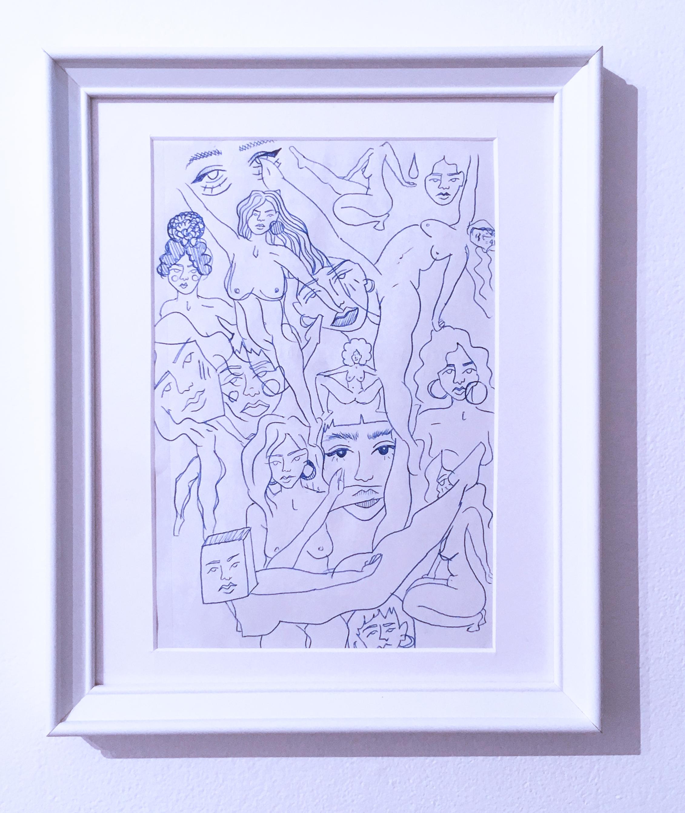 Figurative Art de SarahGrace - Desnudos Azules IV, Tinta sobre Papel Dibujo, Azul y Blanco, Estudio Figurativo Mujeres, Rostros