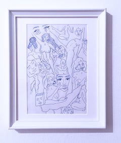 Blue Nudes IV, Ink on Paper Drawing, Blue & White, Figurative Study Women, Faces