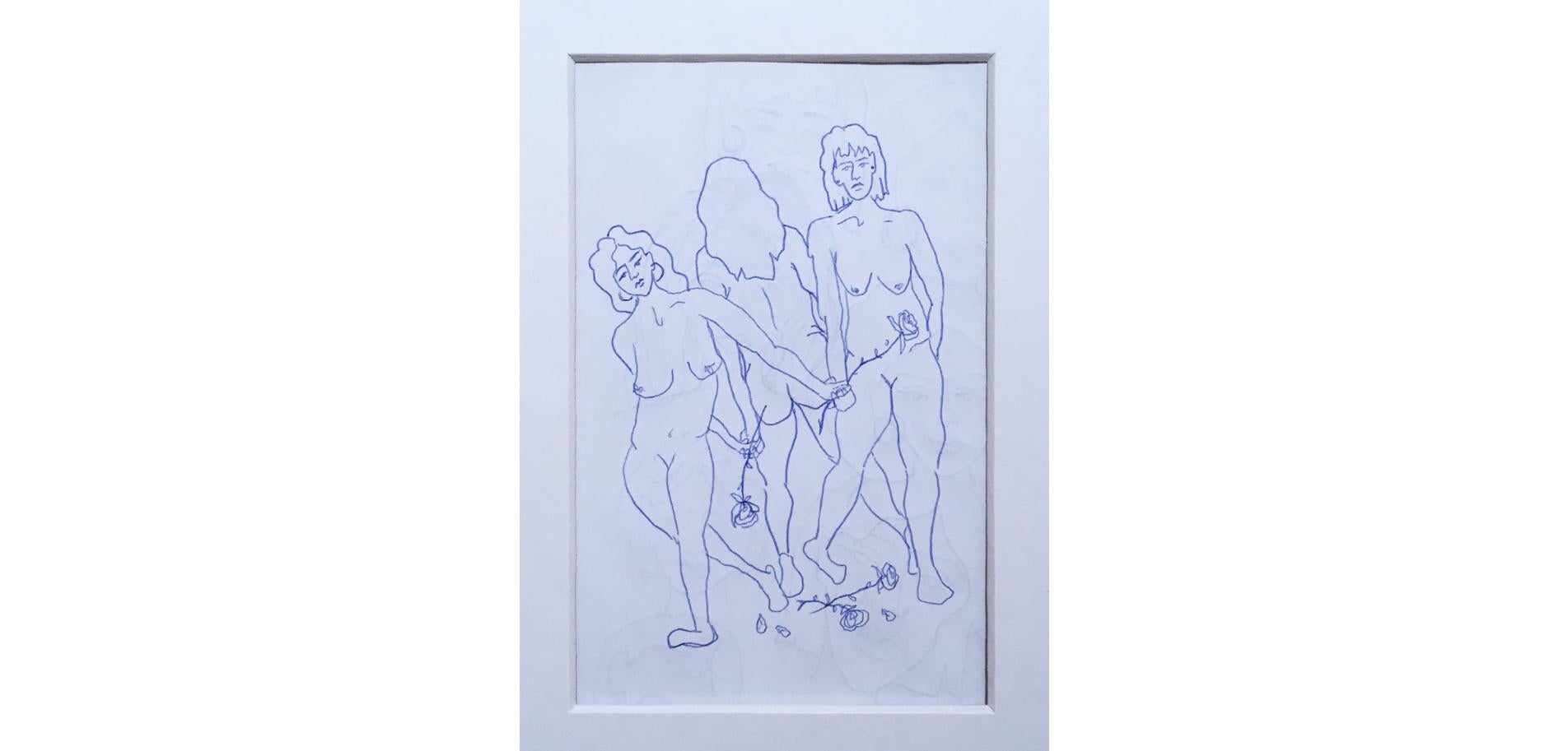 Blue Nudes VI, Ink on Paper Blue & White Drawing, Figurative Study Dancing Women - Purple Figurative Art by SarahGrace