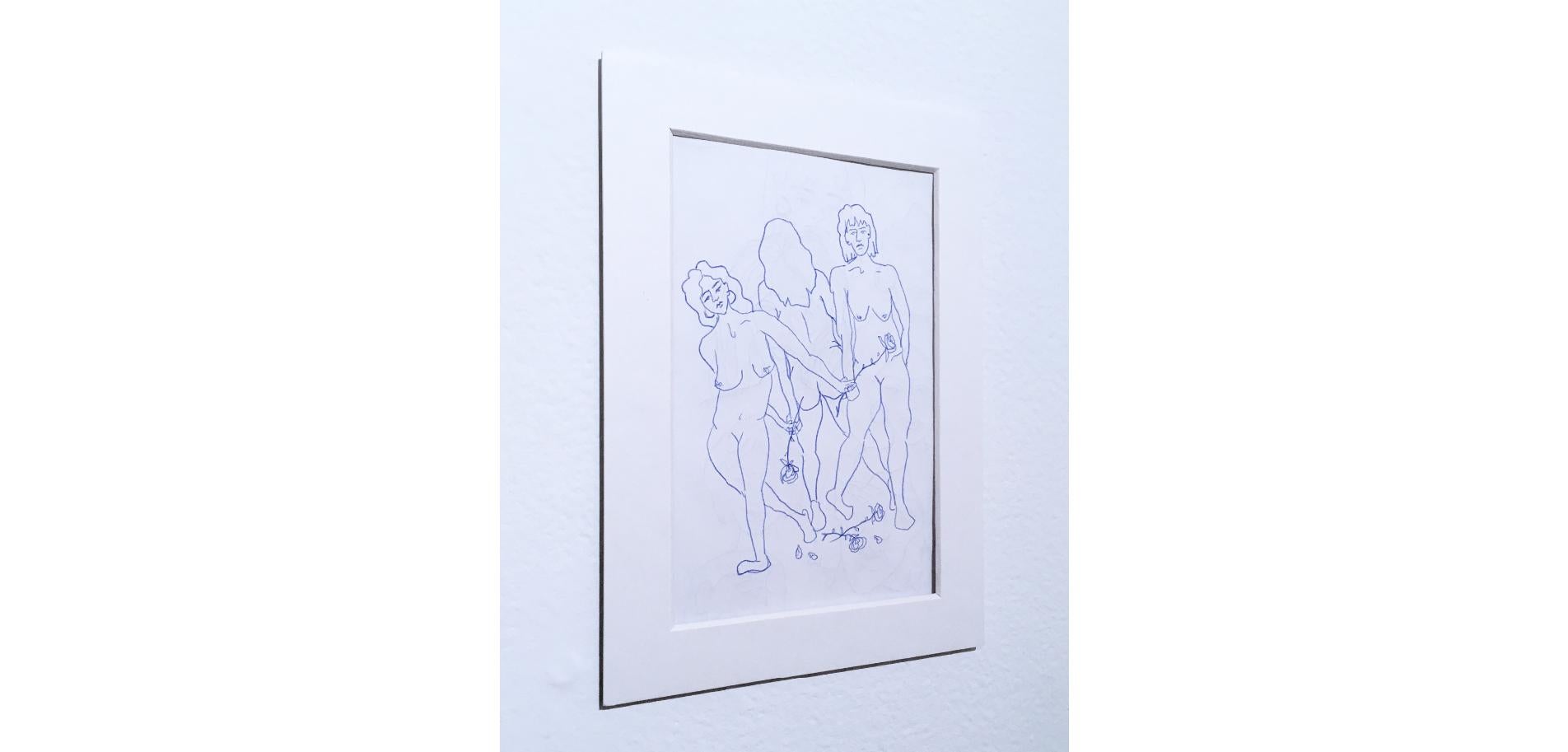 Blue Nudes VI, Ink on Paper Blue & White Drawing, Figurative Study Dancing Women For Sale 1
