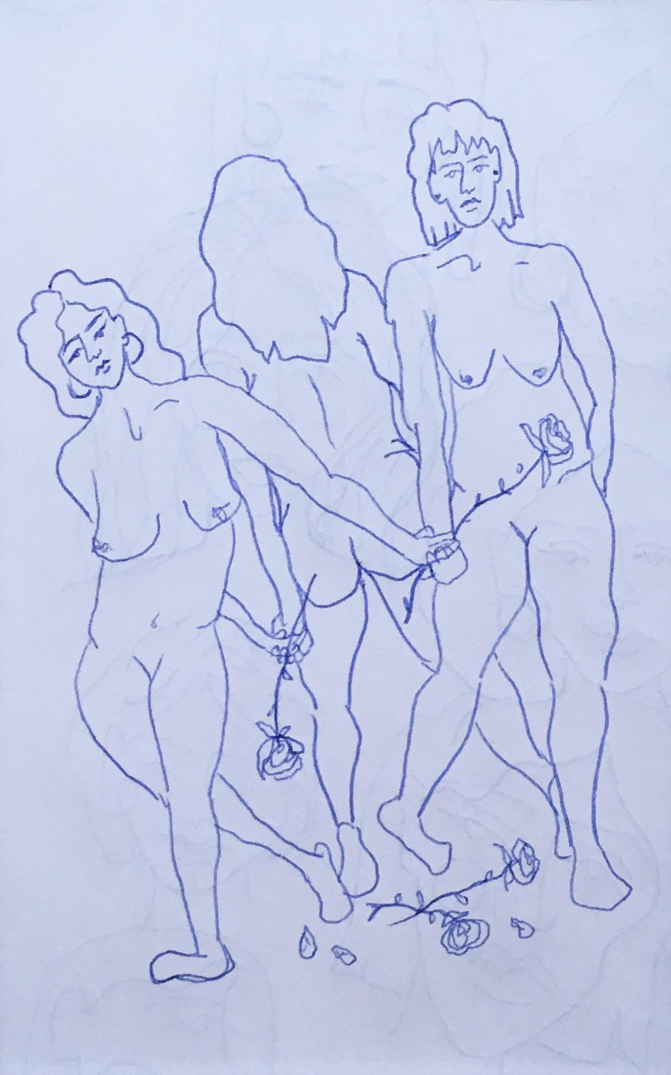 Blue Nudes VI, Ink on Paper Blue & White Drawing, Figurative Study Dancing Women For Sale 2