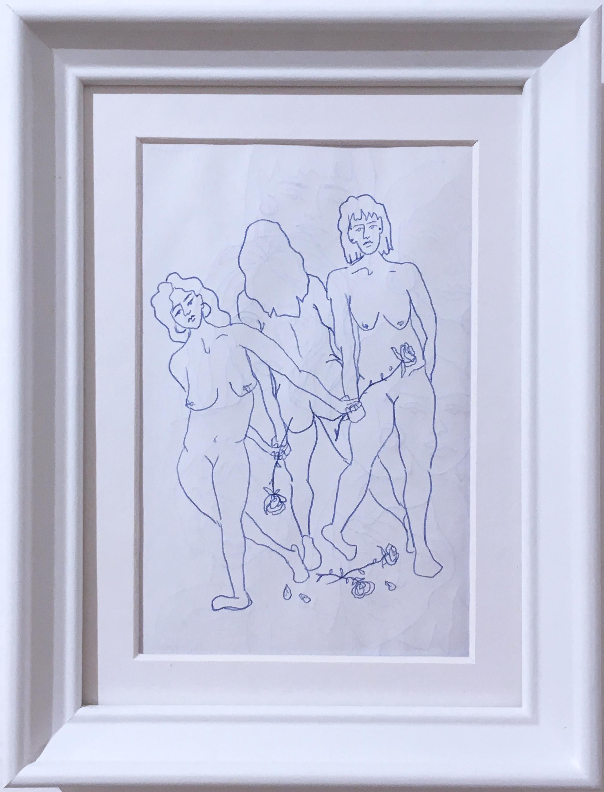 Blue Nudes VI, Ink on Paper Blue & White Drawing, Figurative Study Dancing Women