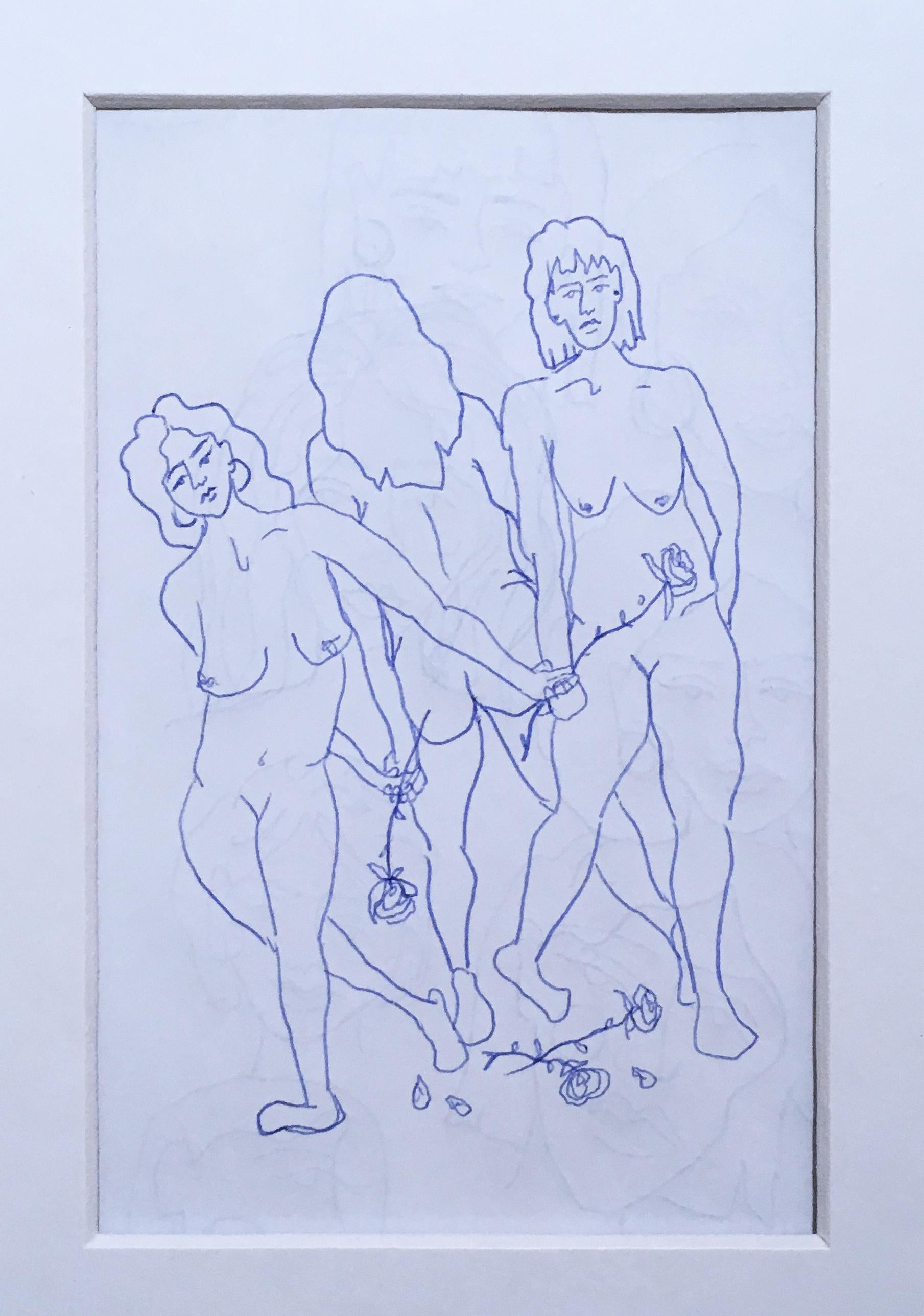 Blue Nudes VI, Ink on Paper Blue & White Drawing, Figurative Study Dancing Women - Contemporary Art by SarahGrace