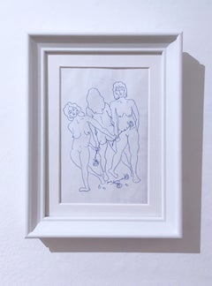 Blue Nudes VI, Ink on Paper Blue & White Drawing, Figurative Study Dancing Women