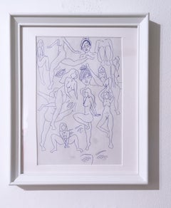 Blue Nudes II, Ink on Paper Drawing, Blue & White, Figurative Study Women, Faces