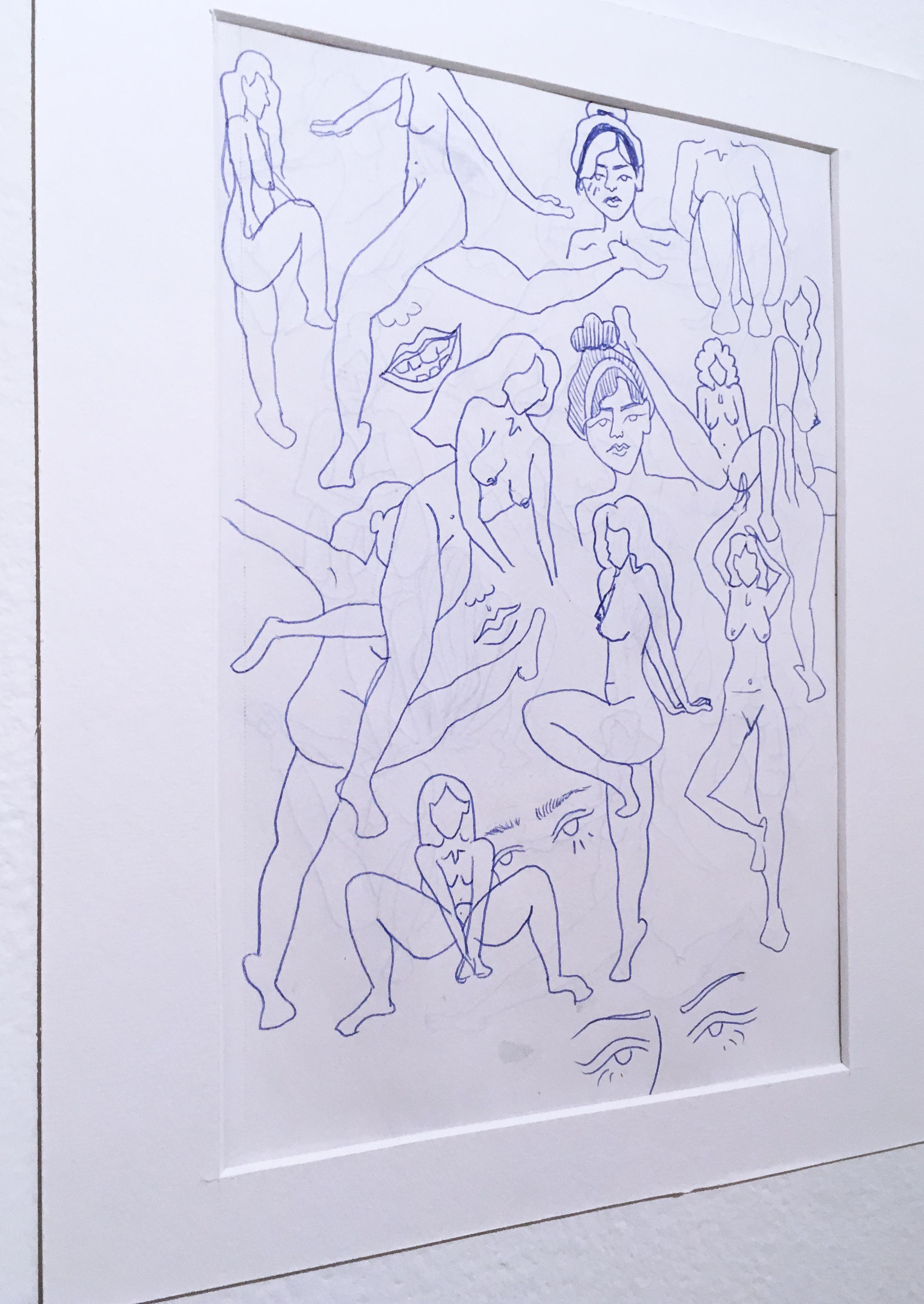 Desnudos Azules II, Tinta sobre Papel Dibujo, Azul y Blanco, Estudio Figurativo Mujeres, Rostros - Figurative Art Gris de SarahGrace