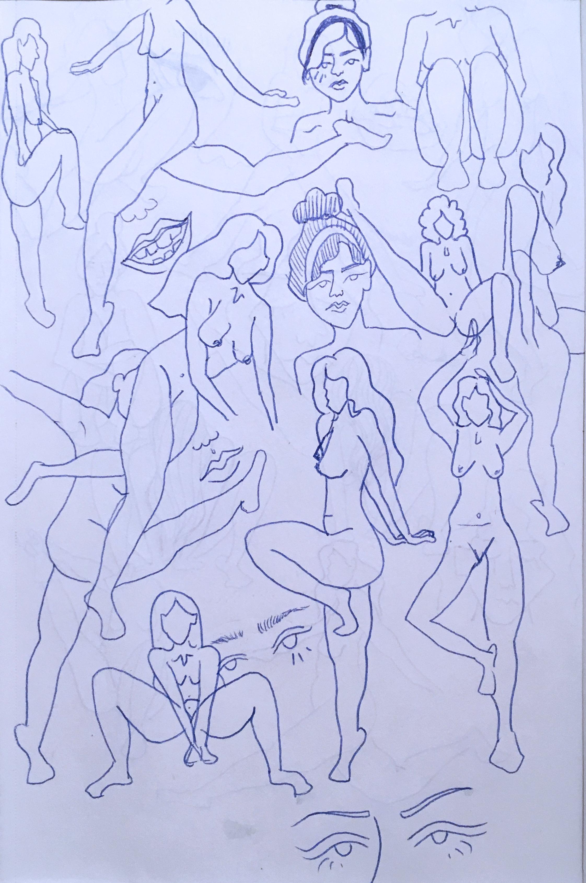 Blue Nudes II, Ink on Paper Drawing, Blue & White, Figurative Study Women, Faces - Contemporary Art by SarahGrace
