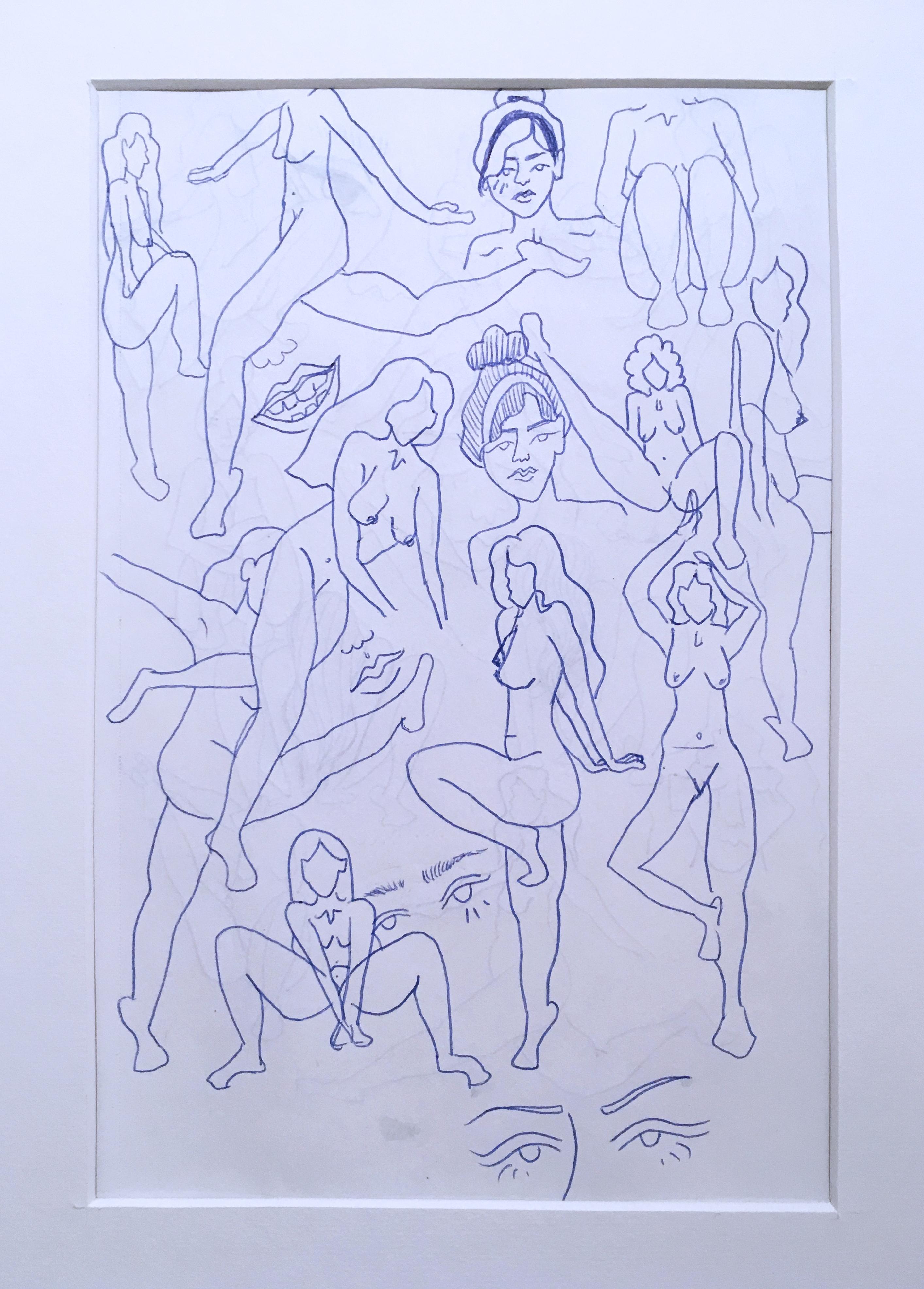 Blue Nudes II, Ink on Paper Drawing, Blue & White, Figurative Study Women, Faces - Art by SarahGrace