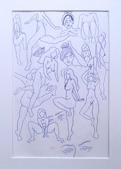 Blue Nudes II, Ink on Paper Drawing, Blue & White, Figurative Study Women, Faces