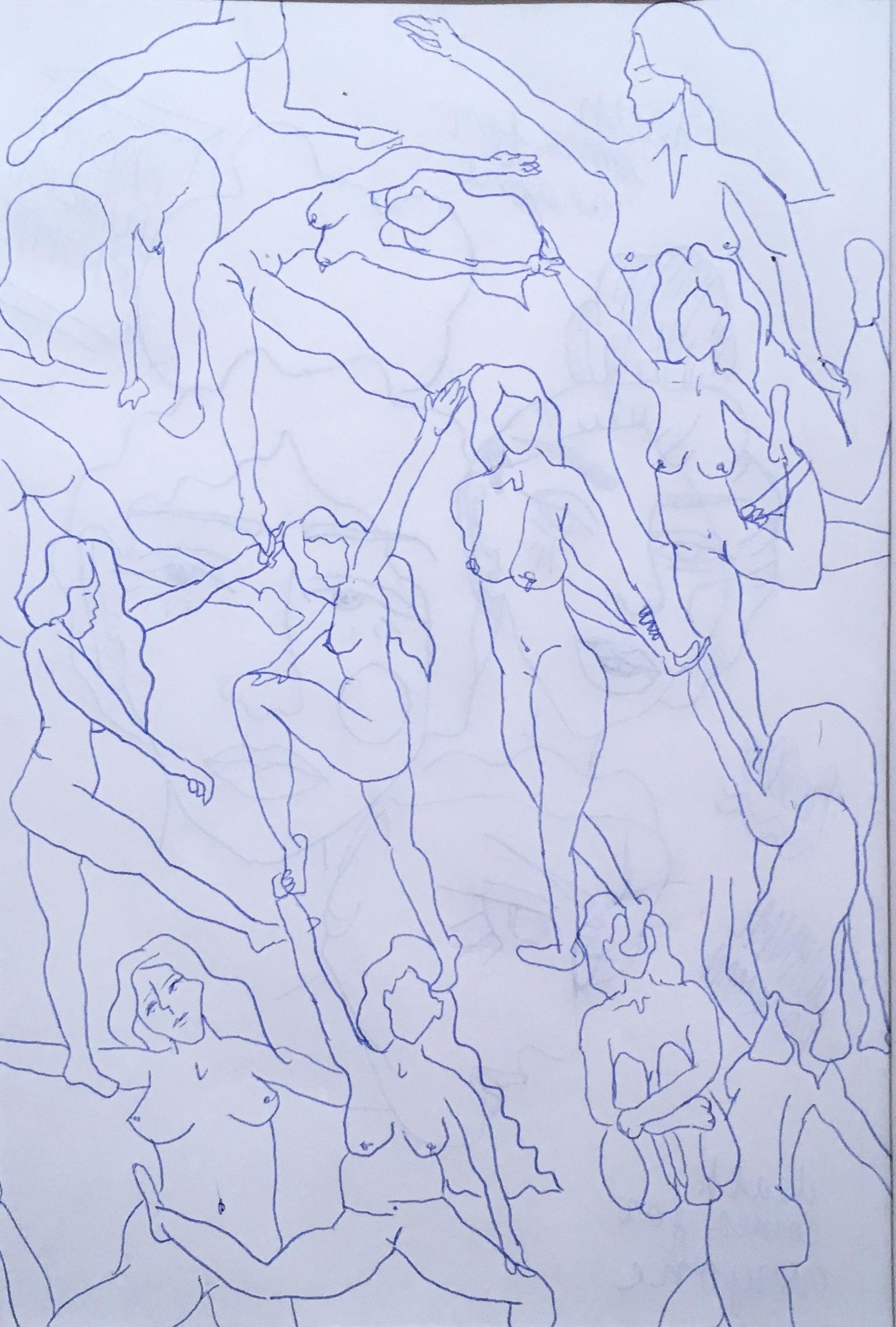 Blue Nudes I, Ink on Paper Blue & White Drawing, Figurative Study Women Posing For Sale 2