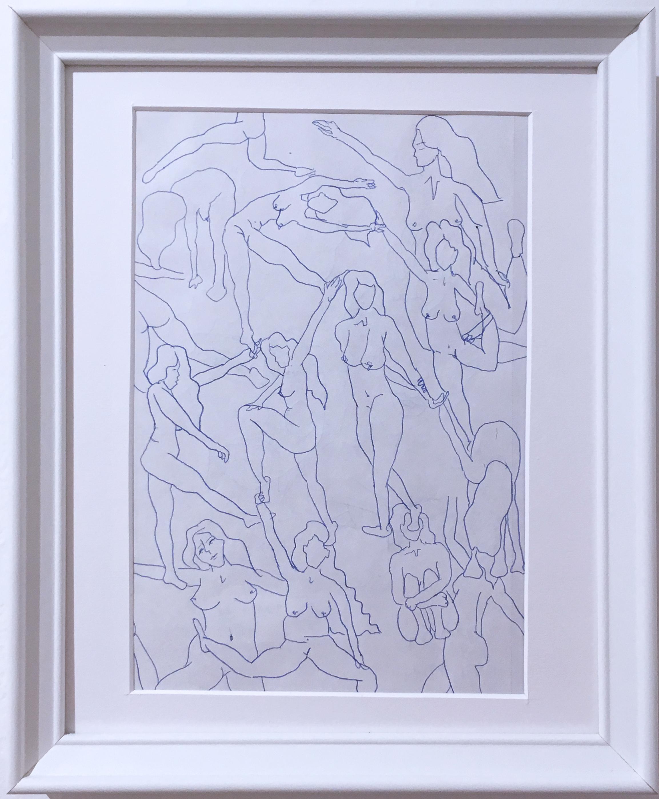 Nus bleus I, dessin à l'encre sur papier bleu et blanc, étude figurative représentant des femmes en position de pose