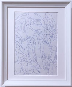 Blue Nudes I, Ink on Paper Blue & White Drawing, Figurative Study Women Posing