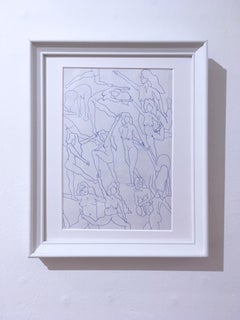 Blaue Akte I, Tusche auf Papier, blau-weiße Zeichnung, figurative Studie, Frauen posieren