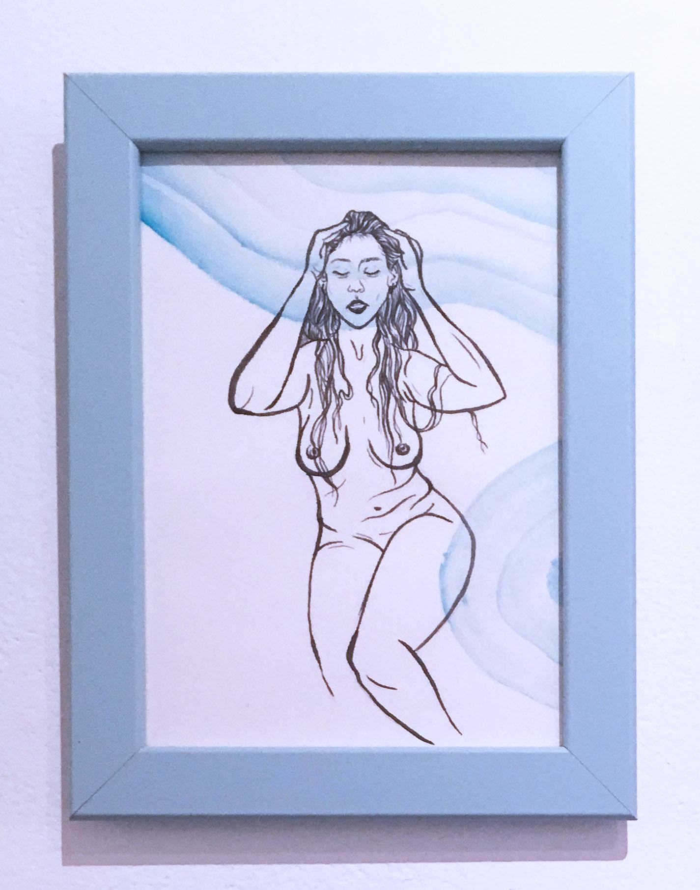 SarahGrace Nude – Gutes Haar, Aquarell und Tinte auf Papier, Figuratives Porträt, Akt, Frau, Pose