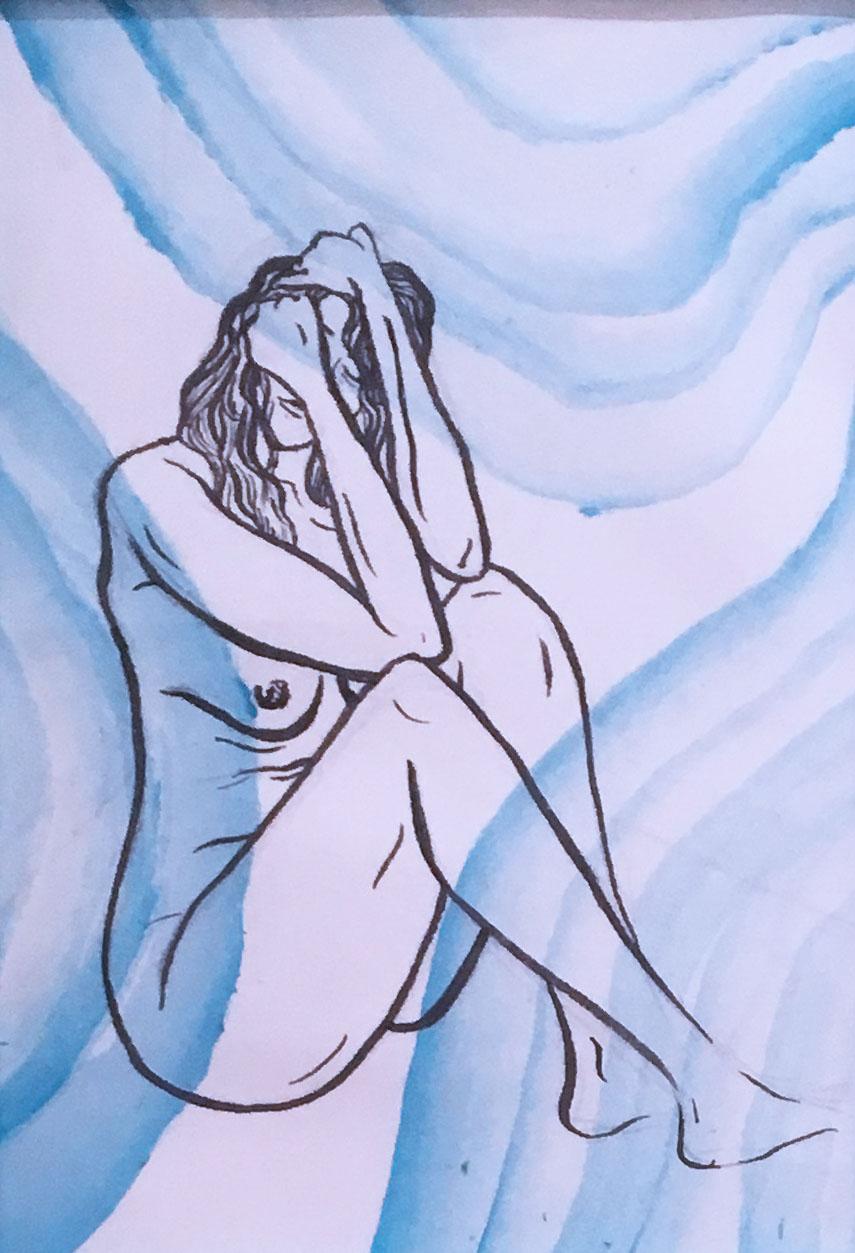 Don't Want You, Aquarelle, Encre sur papier, Portrait figuratif, Nu, Femme, Pose - Bleu Nude par SarahGrace