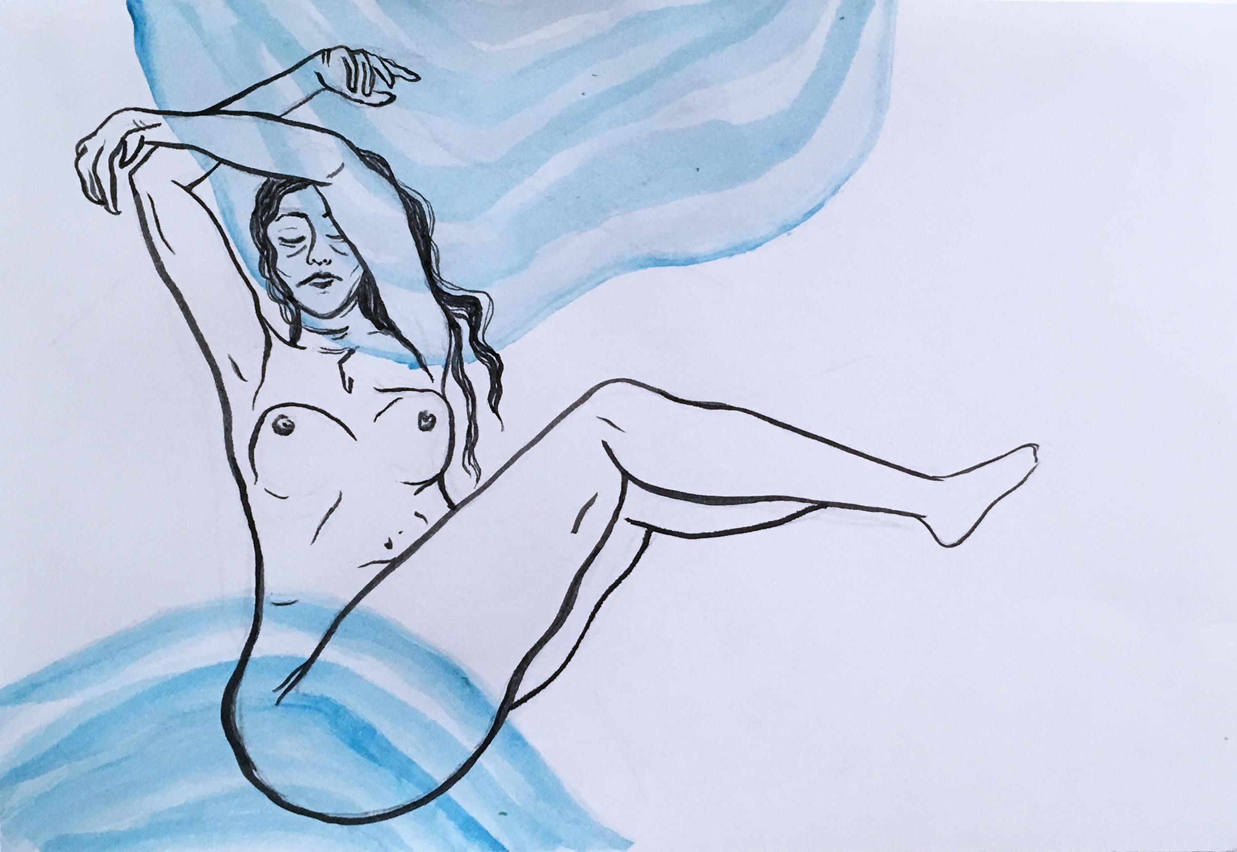 Longer You Stay, Watercolor, Ink on Paper, Figurative Portrait, Nude Woman, Pose For Sale 2