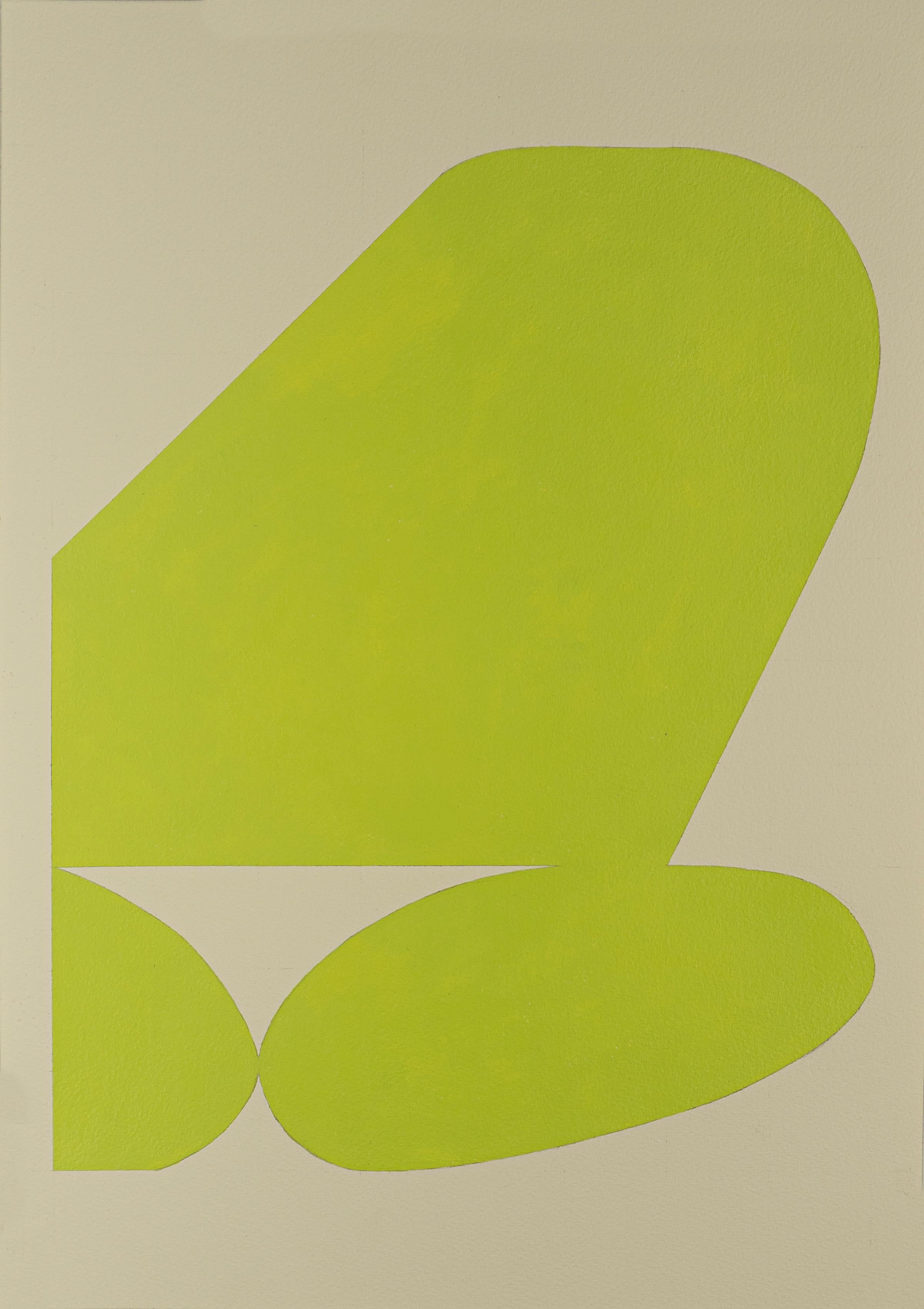 Shape 28 (2019) – Abstrakte Form, minimalistische, gestische Chartreuse-Form auf weißem Papier