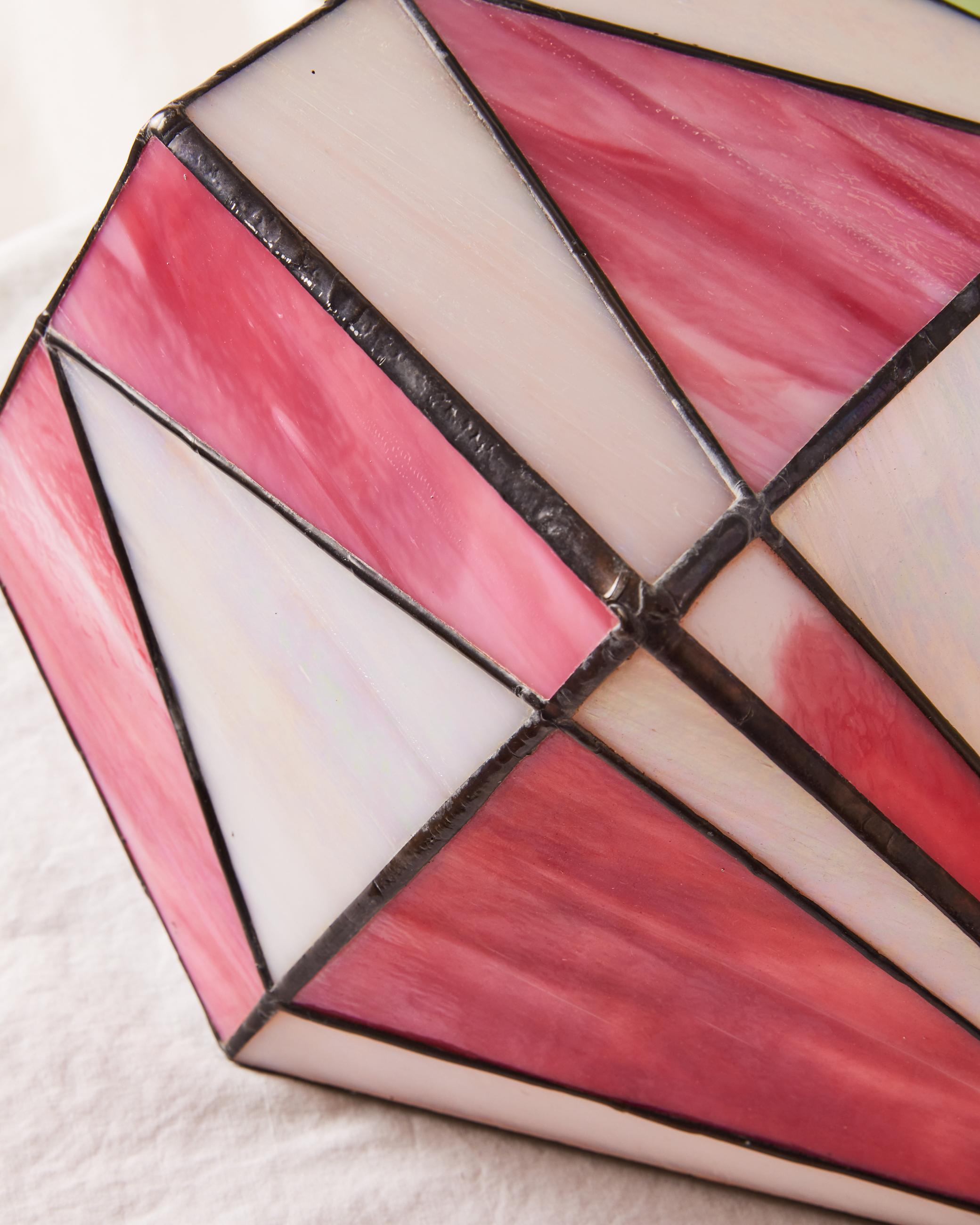 Handcrafted stained glass ceiling lamp with brass hardware, and decorative cloth covered  color cord with wall plug . Pink streaky and white glass. Ready to hang.  Multiples available but each one is slightly unique by the hand made nature.  Please