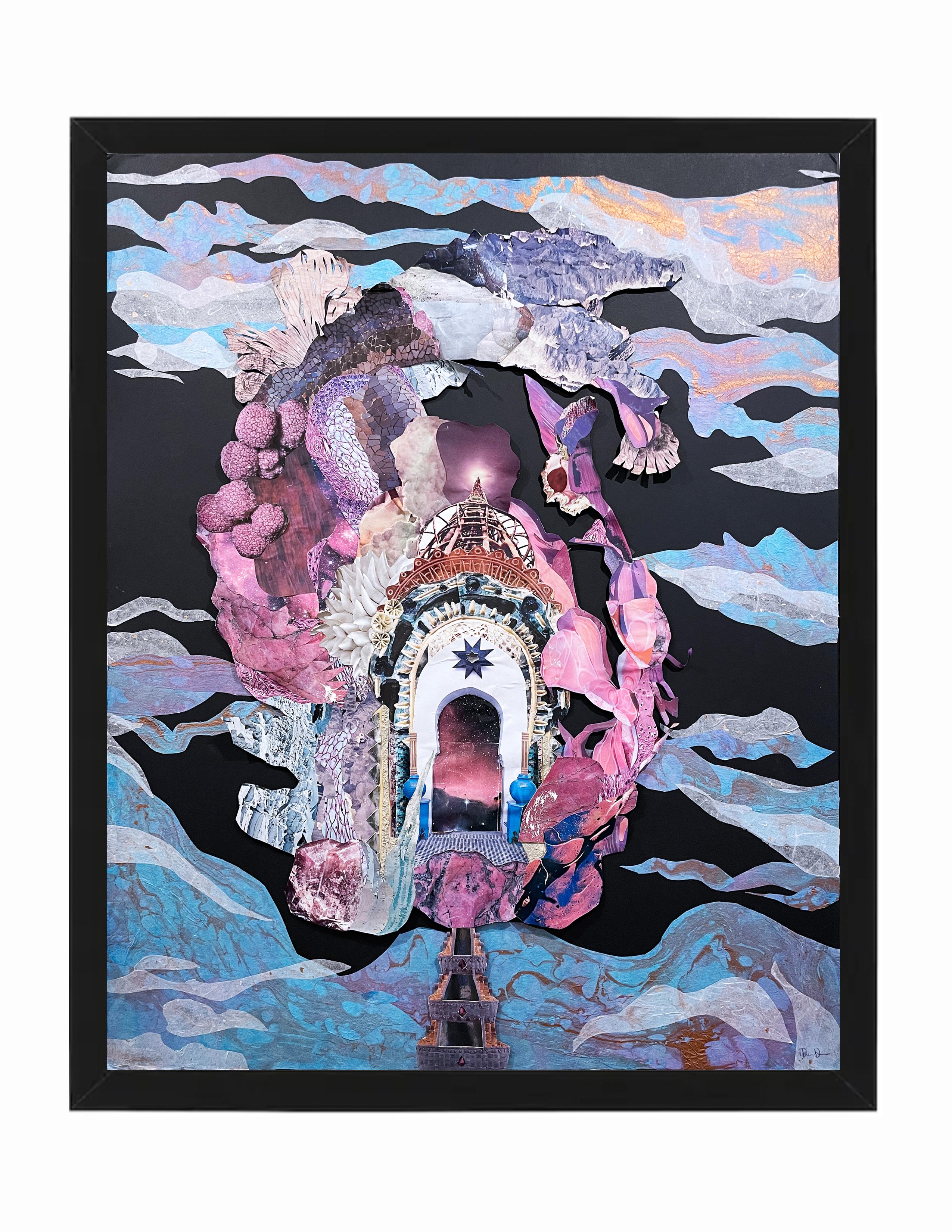 Amethyst Gateway, 2022, cosmic art, pink, blue, surreal landscape, collage - Art by Deming King Harriman