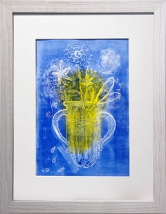 Ghosted Bouquet (2023), still life, vase of flowers, petals, blue, yellow