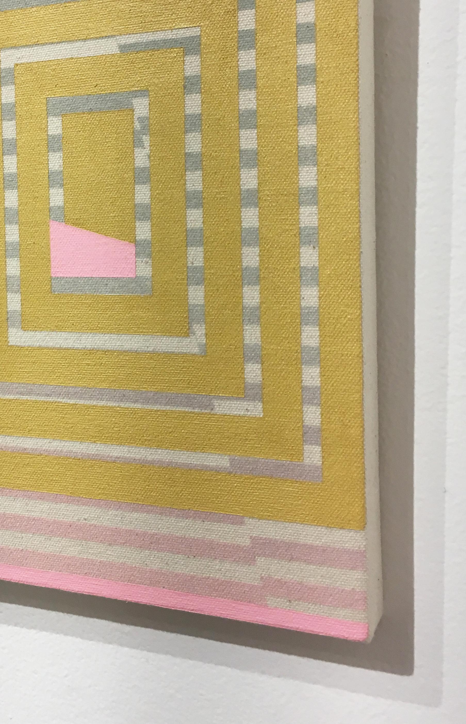 Breathing, Acryl, Sprühfarbe auf Leinwand, abstraktes geometrisches, gelb-grau-rosa im Angebot 1