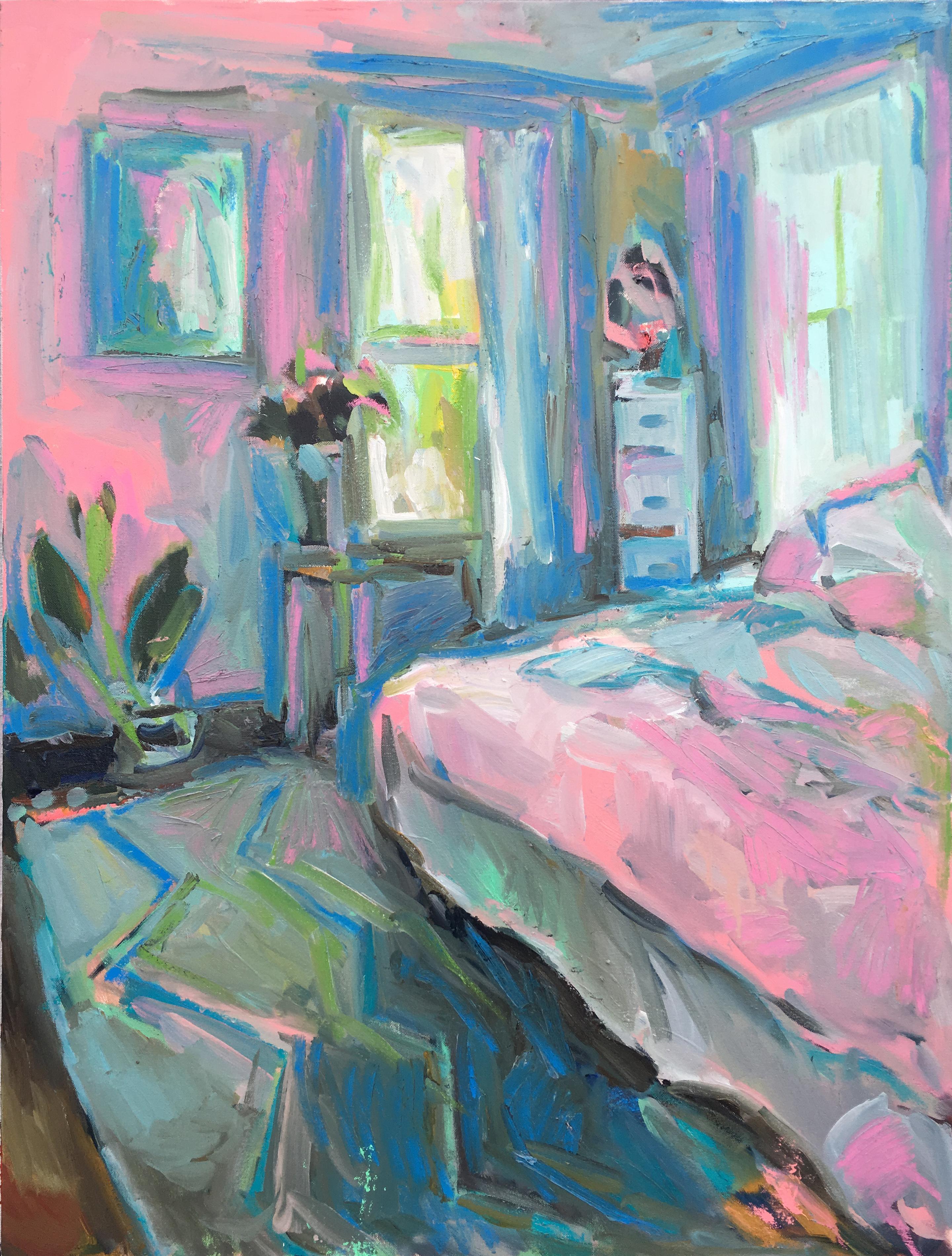 Ekaterina Popova Interior Painting - Going the Distance, oil on canvas, impressionist, pastel, bedroom, sunlit