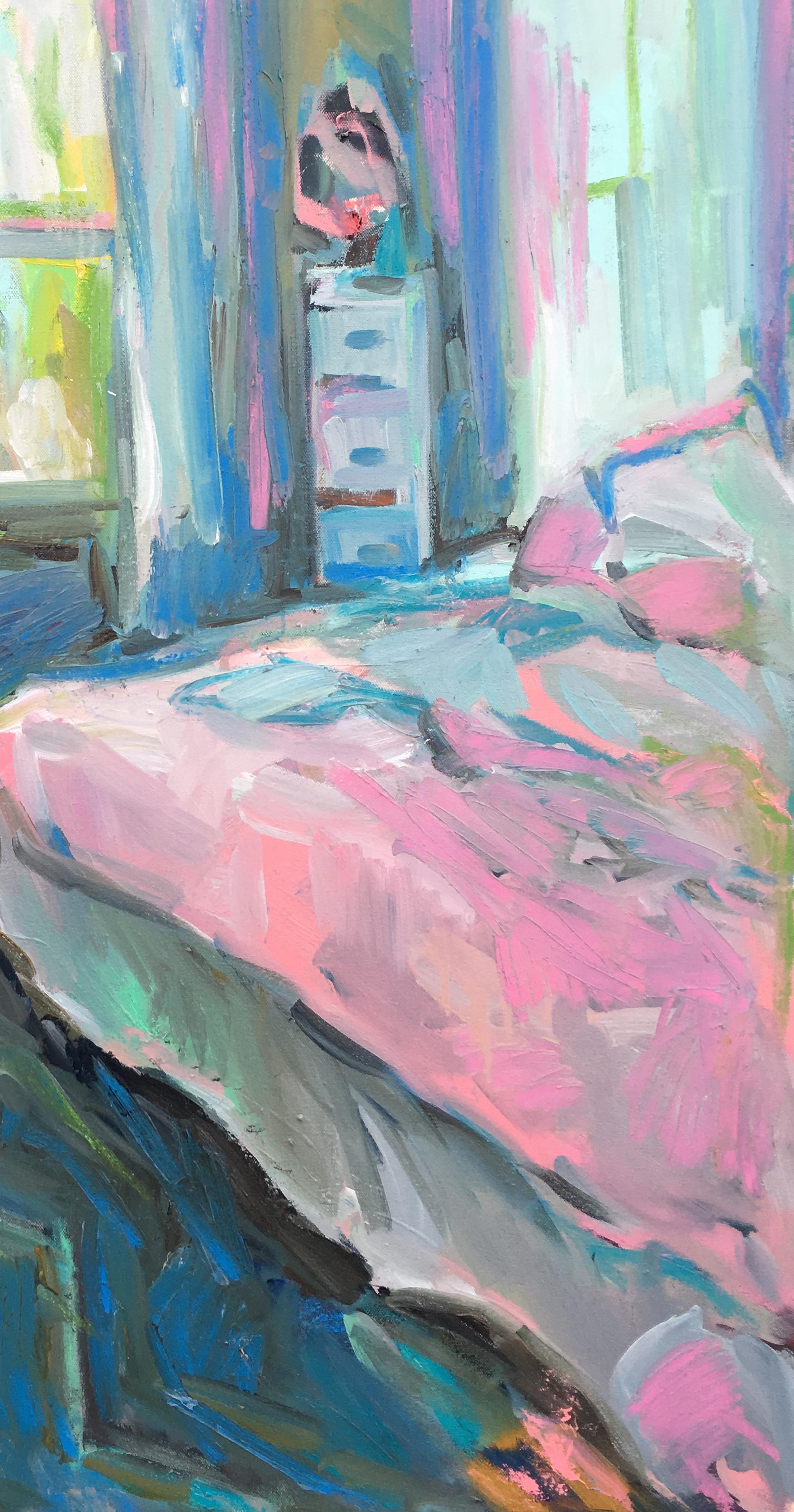 Going the Distance, oil on canvas, impressionist, pastel, bedroom, sunlit - Painting by Ekaterina Popova