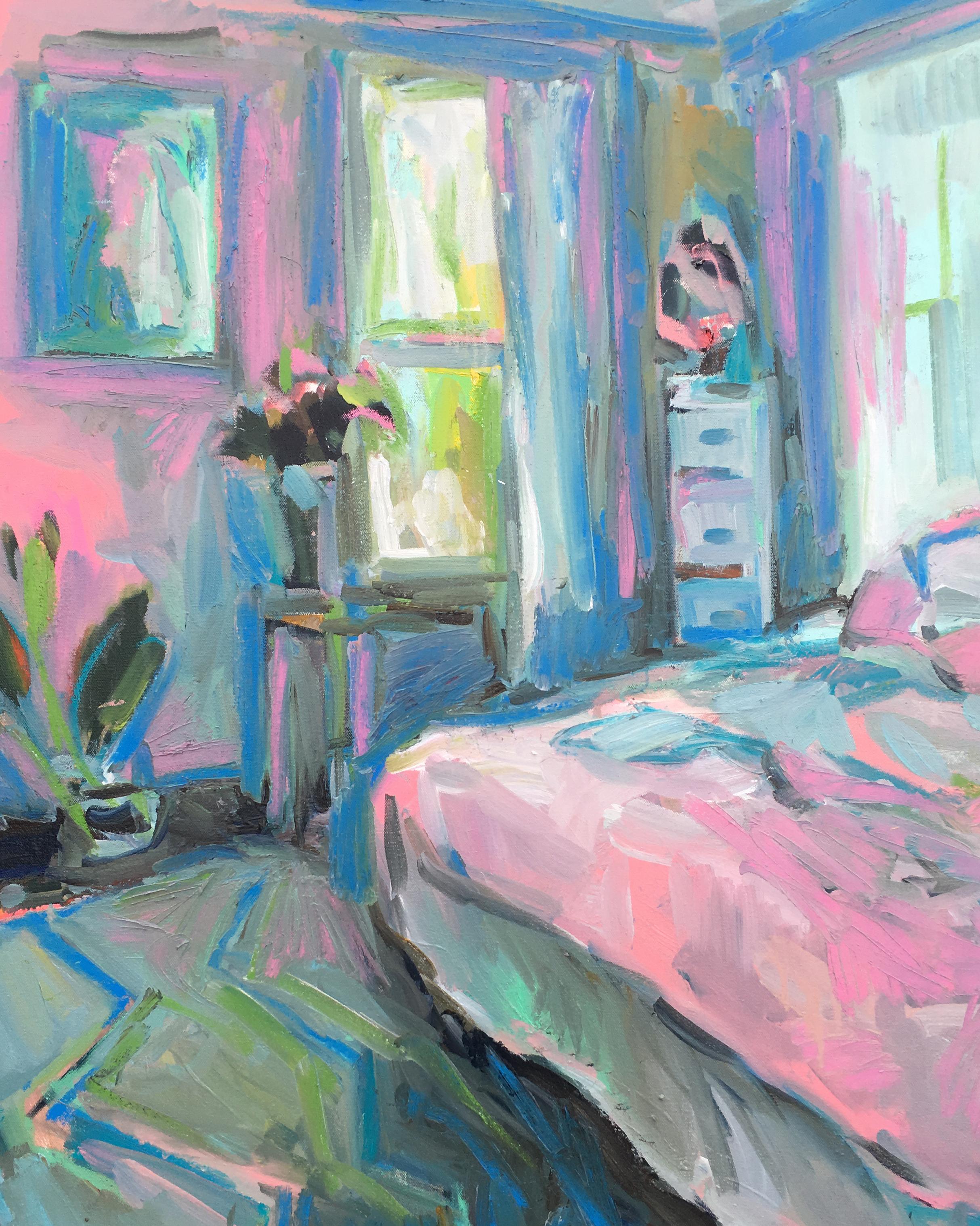 Going the Distance, oil on canvas, impressionist, pastel, bedroom, sunlit - Contemporary Painting by Ekaterina Popova