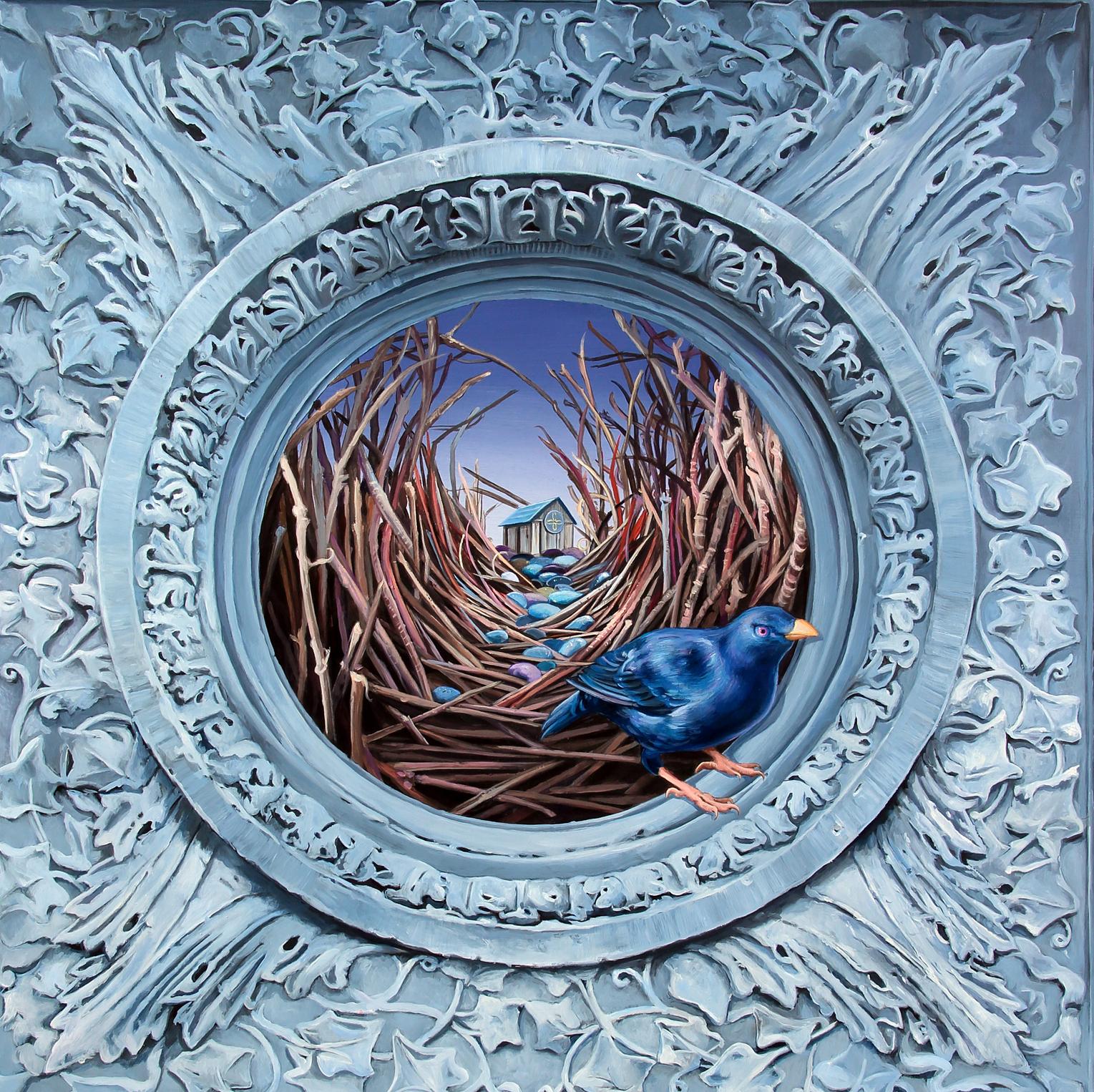 Earth (Laying It All Out), acrylic on panel, figurative, bird, trompe l'oeil - Painting by Gigi Chen