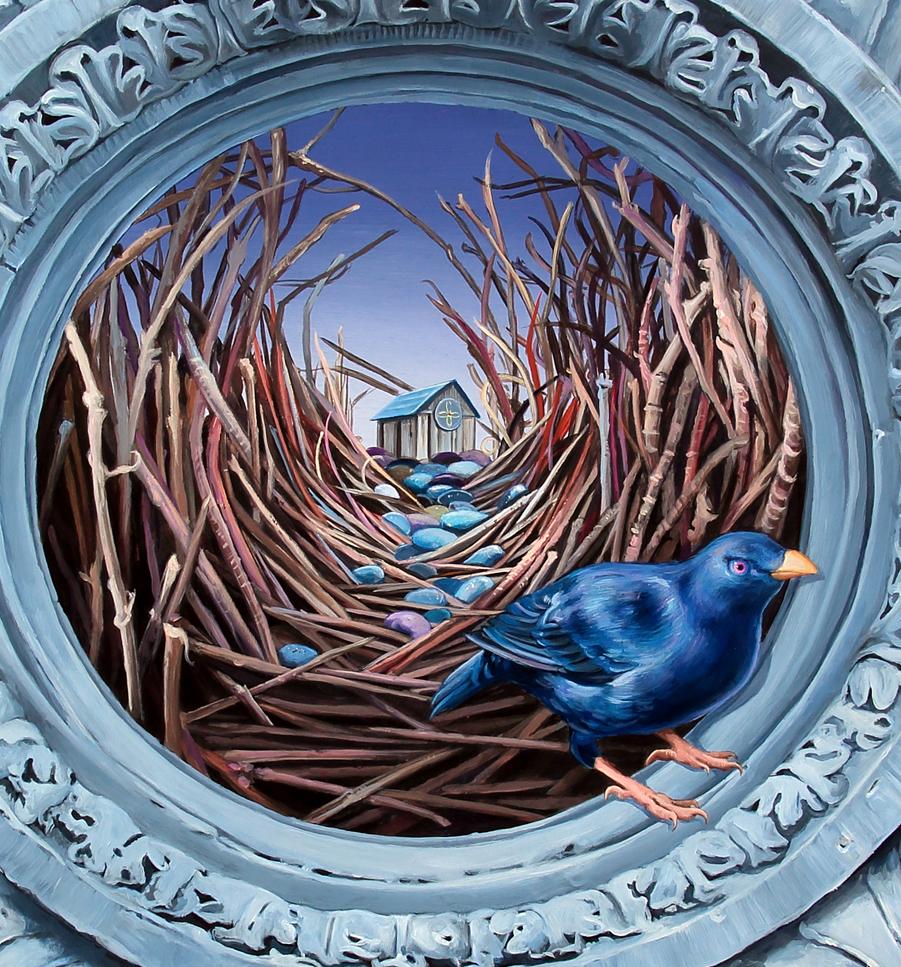 Earth (Laying It All Out), acrylic on panel, figurative, bird, trompe l'oeil - Blue Landscape Painting by Gigi Chen