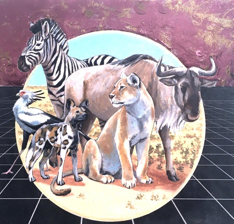 African Savanna, oil & metallic painting, figurative, animals, landscape - Gray Landscape Painting by Alexis Kandra