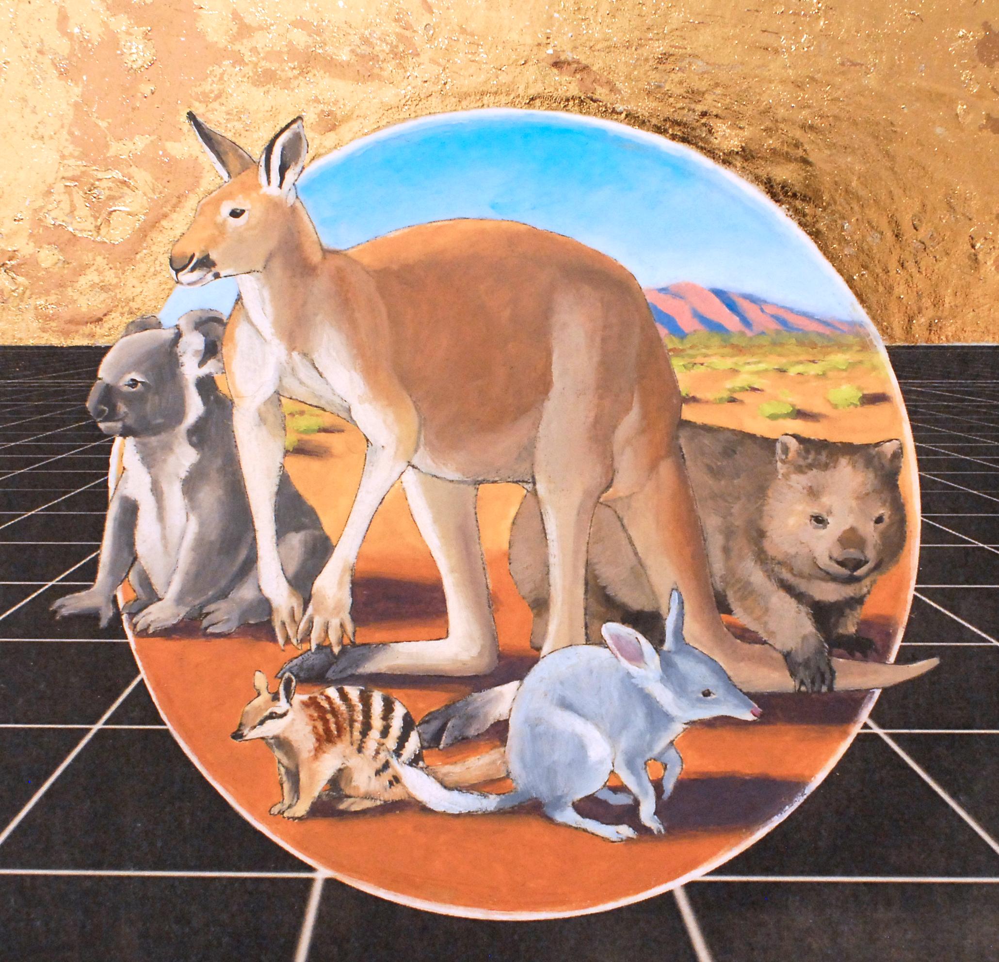 Australischer Ausrücken, Öl und Metallfolie auf Tafel, Tiere, figurativ, Landschaft – Painting von Alexis Kandra