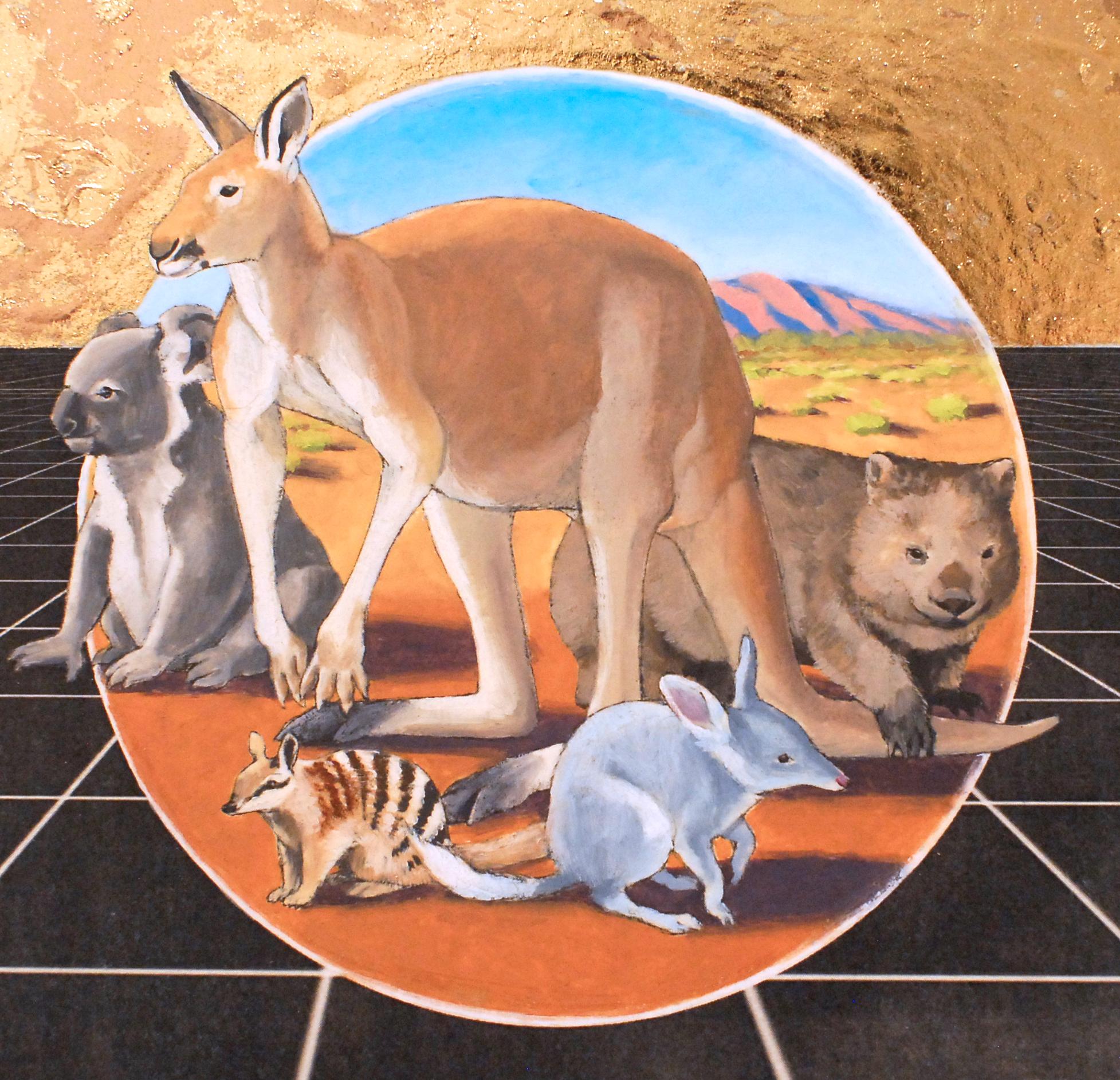 Australischer Ausrücken, Öl und Metallfolie auf Tafel, Tiere, figurativ, Landschaft (Zeitgenössisch), Painting, von Alexis Kandra