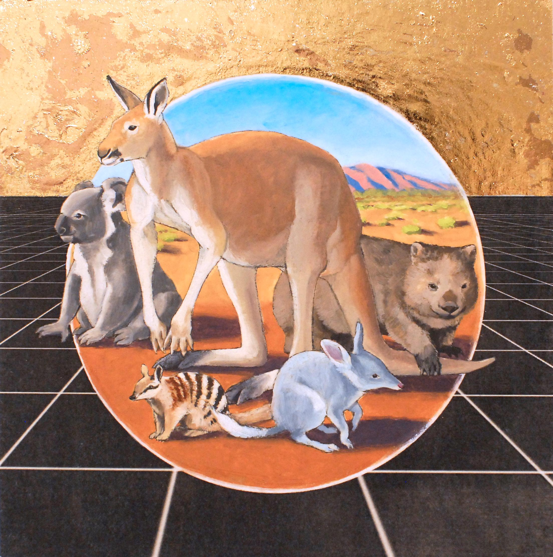 Alexis Kandra Landscape Painting - Australian Outback, oil & metallic foil on panel, animals, figurative, landscape