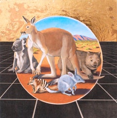 Australischer Ausrücken, Öl und Metallfolie auf Tafel, Tiere, figurativ, Landschaft