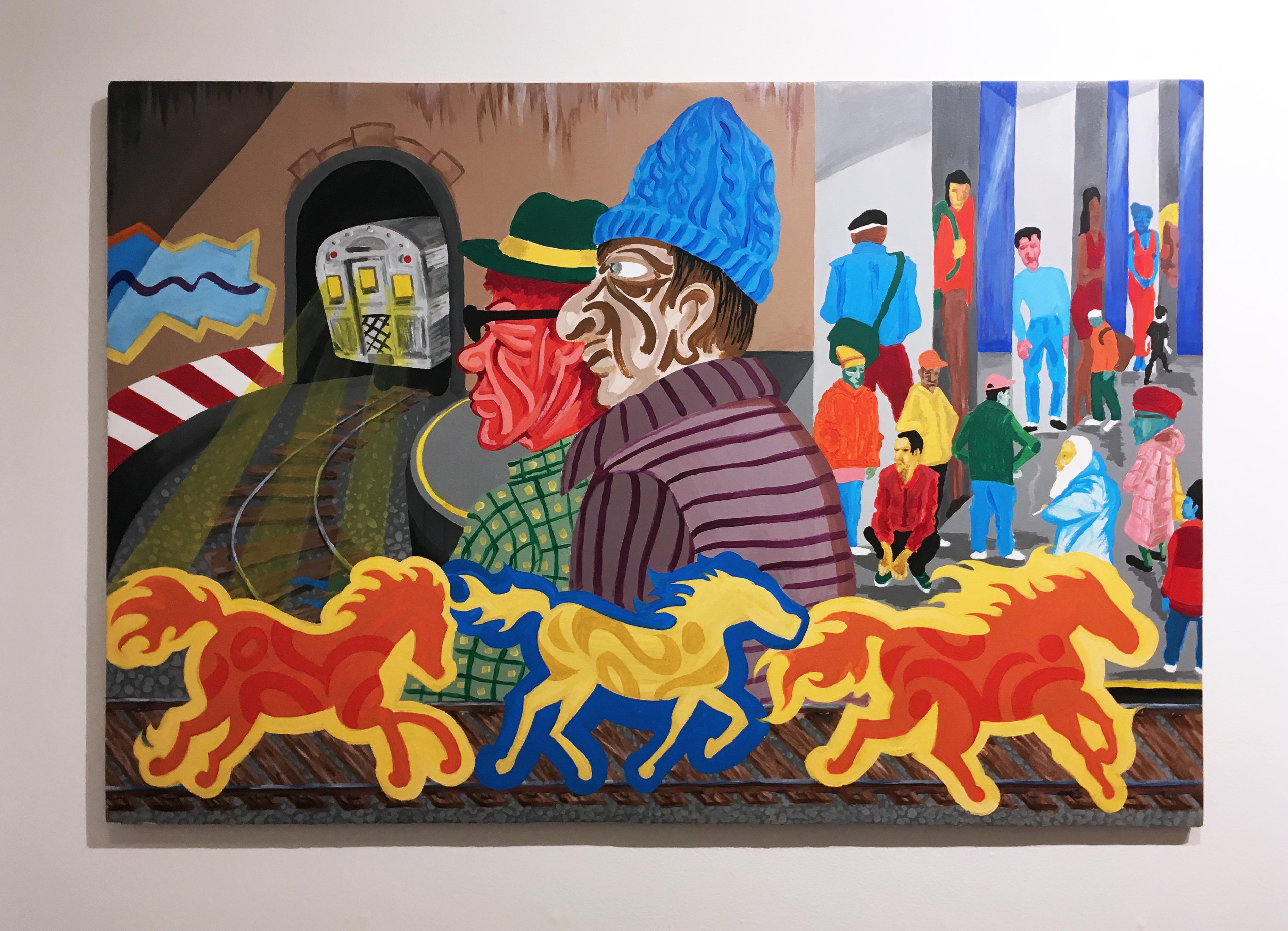 WILD HORSES, 2016, U-Bahn-Zug, Kurve, Graffiti, Straßenkunst, figurative Tafeln (Grau), Figurative Painting, von Sam Meyerson