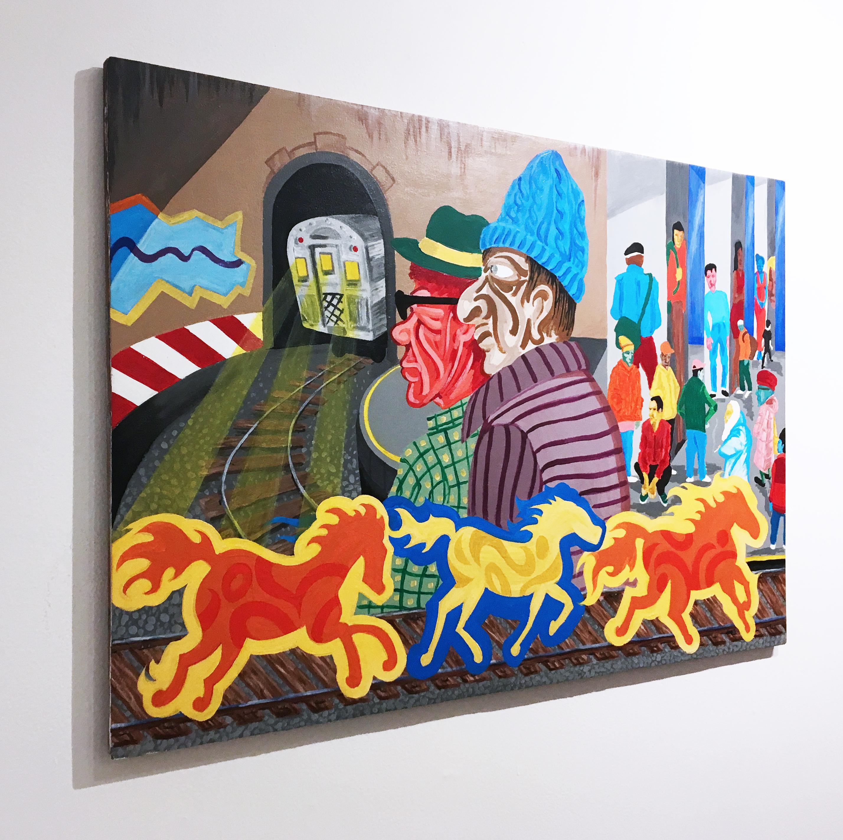 WILD HORSES, 2016, subway train, curve, graffiti, street art, figurative, panel - Painting by Sam Meyerson